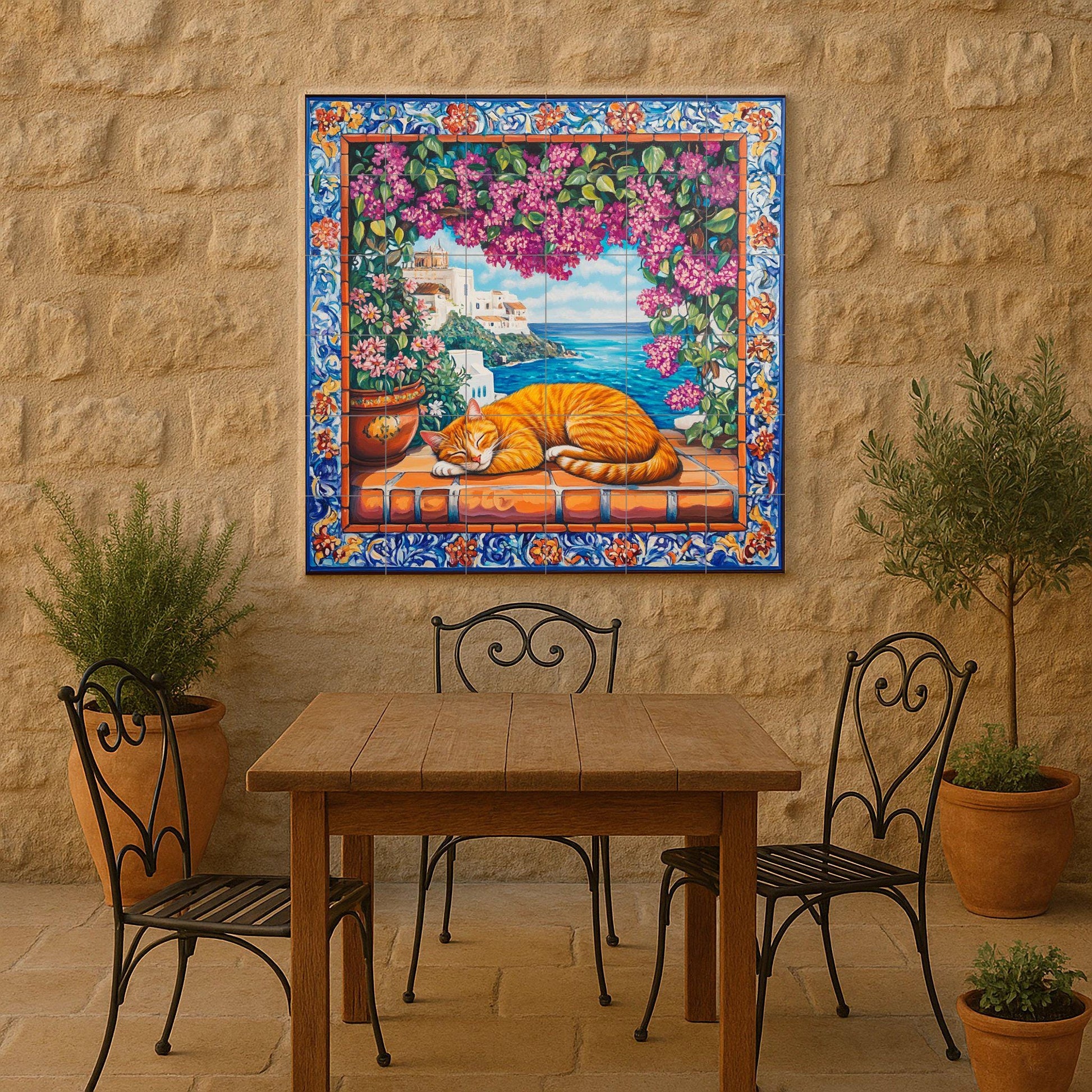 Gato naranja durmiendo sobre baldosas de te — Nature Wall Art · Tile Wall Art