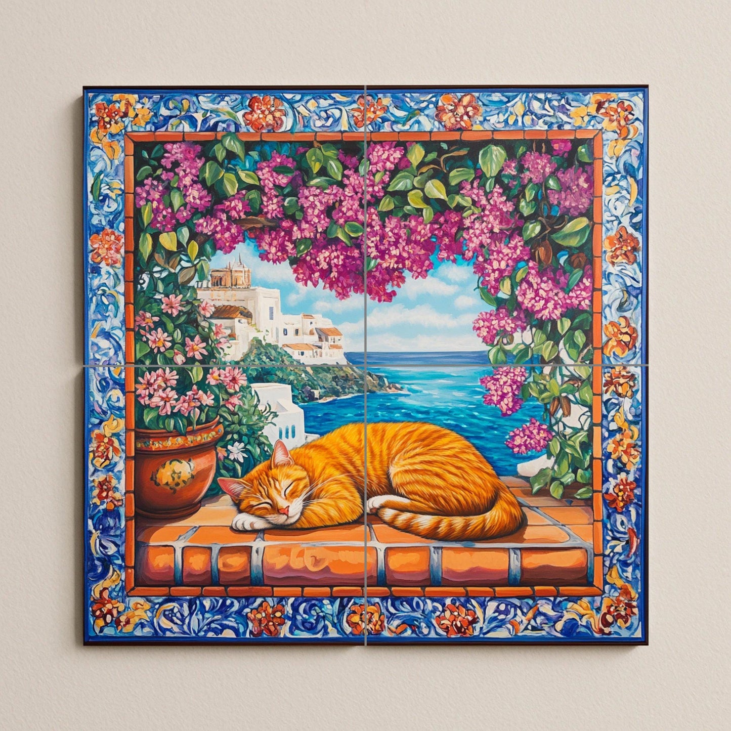 Gato naranja durmiendo sobre baldosas de te — Nature Wall Art · Tile Wall Art