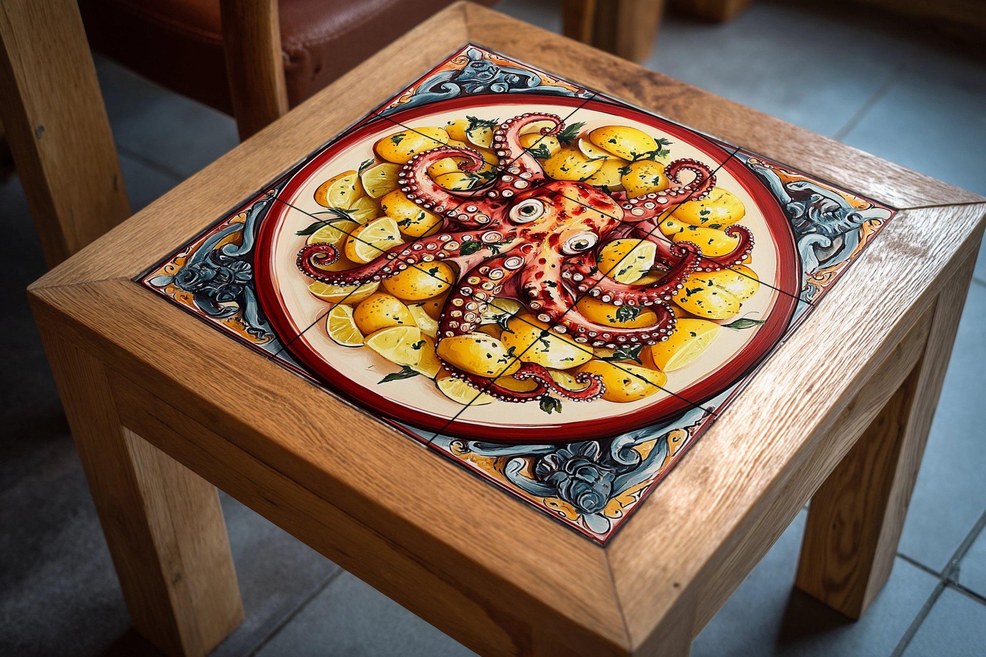 Pulpo a la gallega con patatas y limones, pla — Fliesen-Wandbild aus Keramik · Rustikale Bauernhaus-Kunst