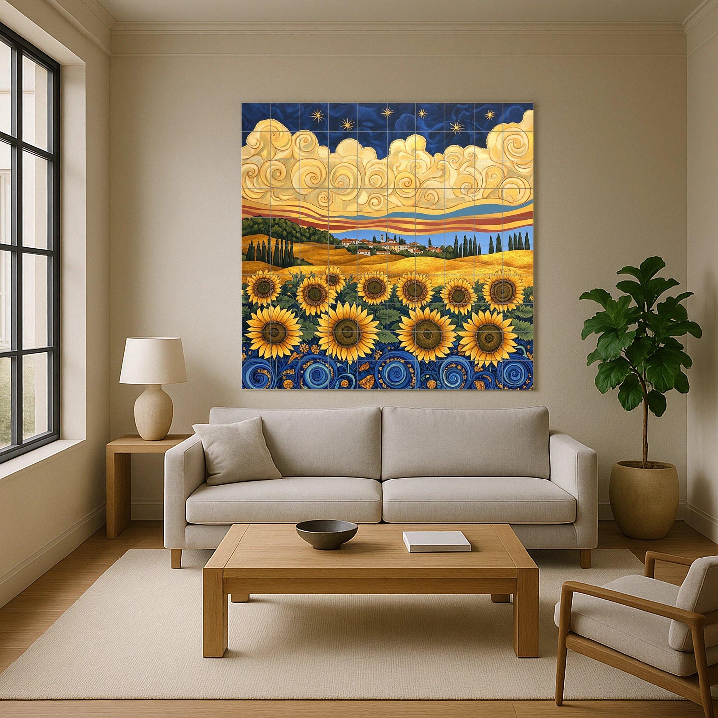 Mural de azulejos de cerámica en estilo Van Gogh con girasoles, cielo…