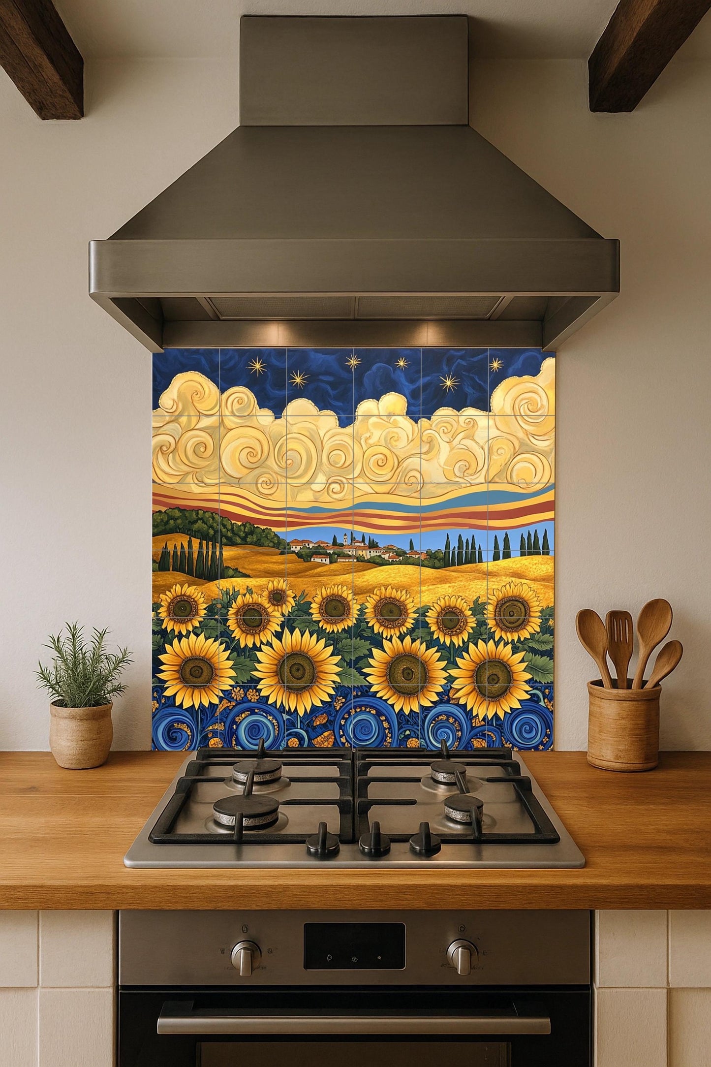 Mural de azulejos de cerámica en estilo Van Gogh con girasoles, cielo…