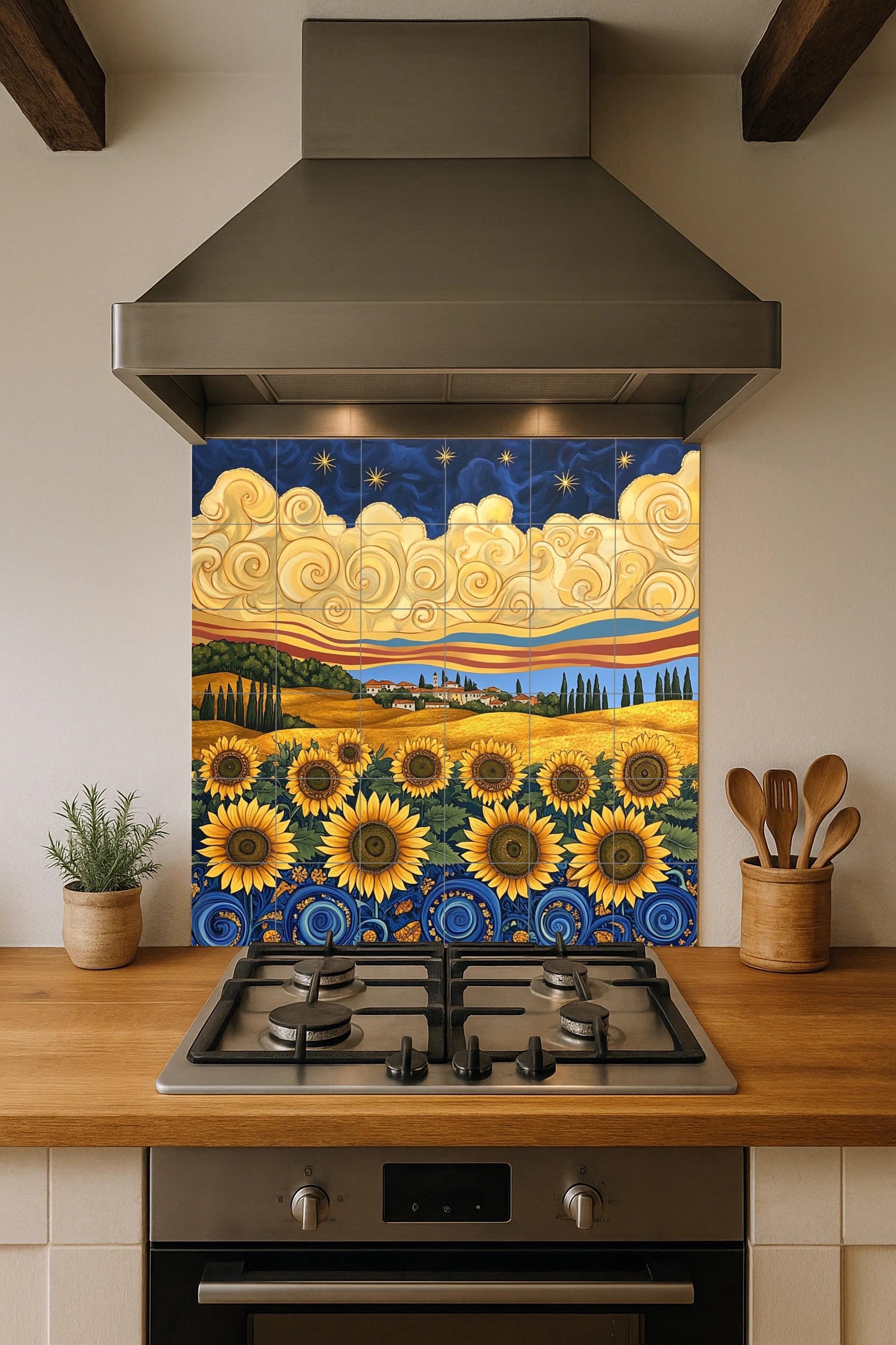 Mural de azulejos de cerámica en estilo Van Gogh con girasoles, cielo…