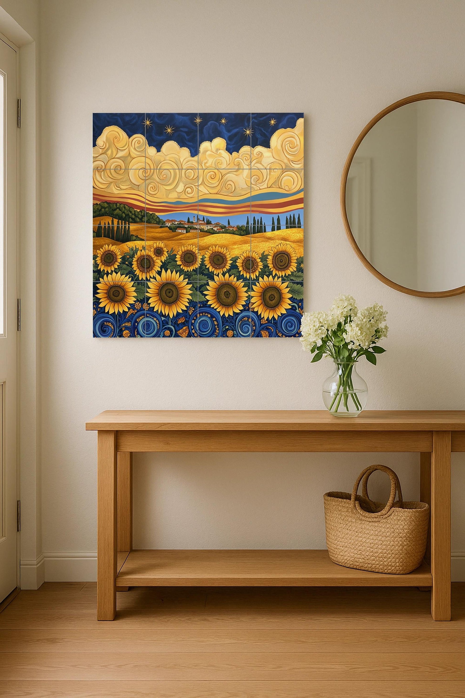 Mural de azulejos de cerámica en estilo Van Gogh con girasoles, cielo…