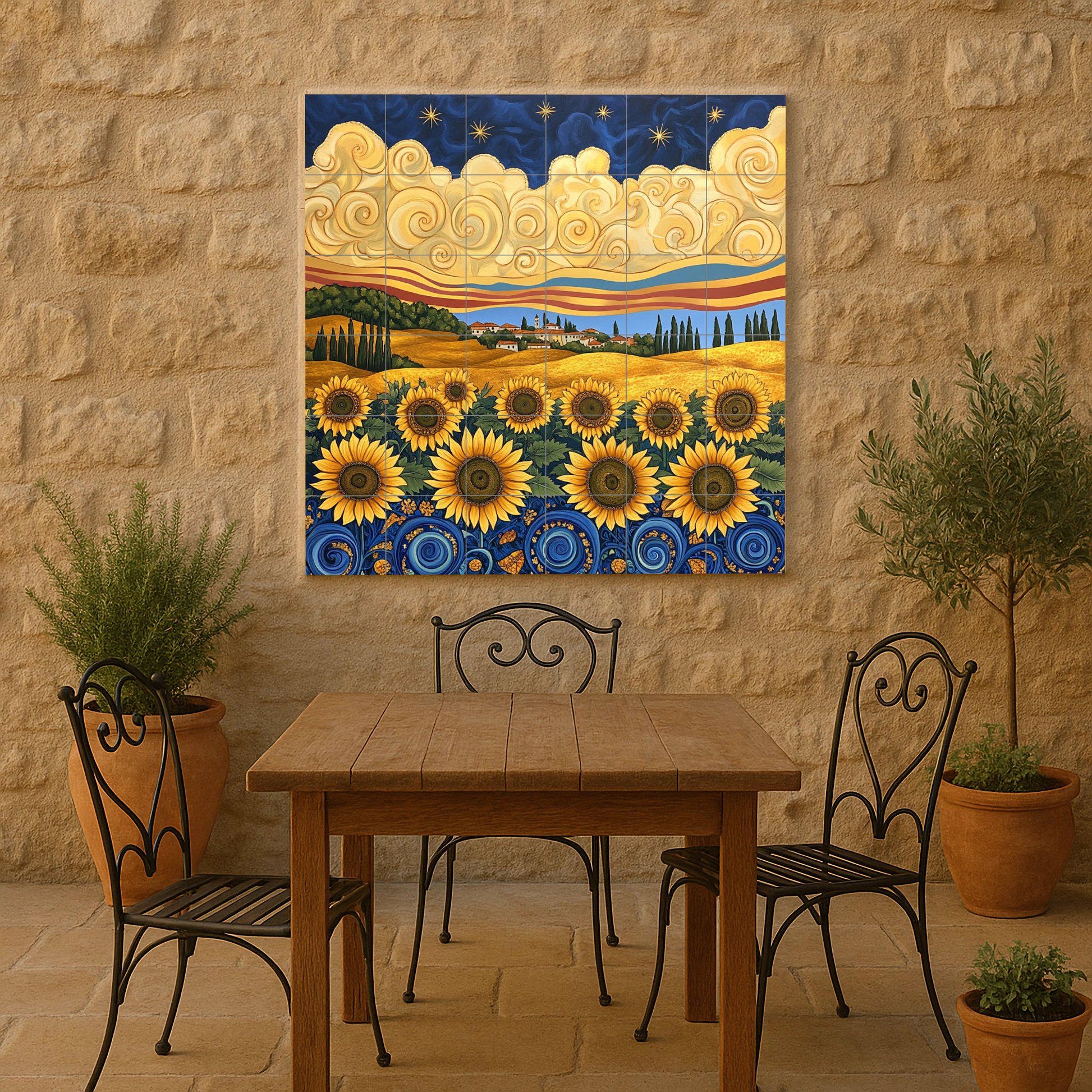 Mural de azulejos de cerámica en estilo Van Gogh con girasoles, cielo…