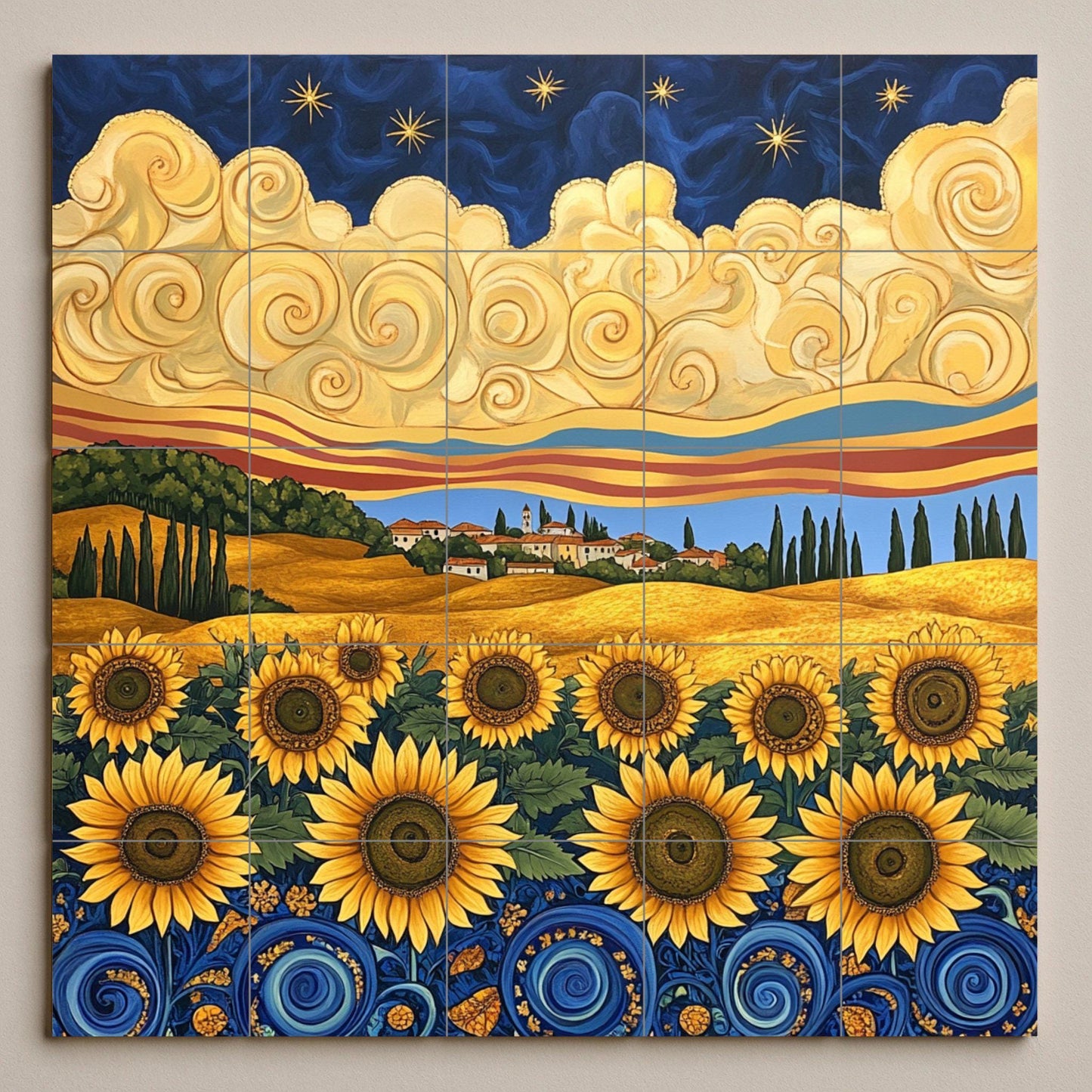 Mural de azulejos de cerámica en estilo Van Gogh con girasoles, cielo…