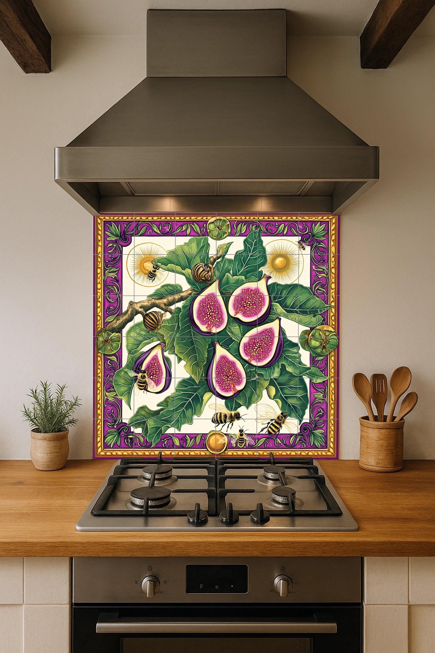 Higos, hojas, abejas y caracoles, diseño · Murale Ceramico — Decoro Culinario