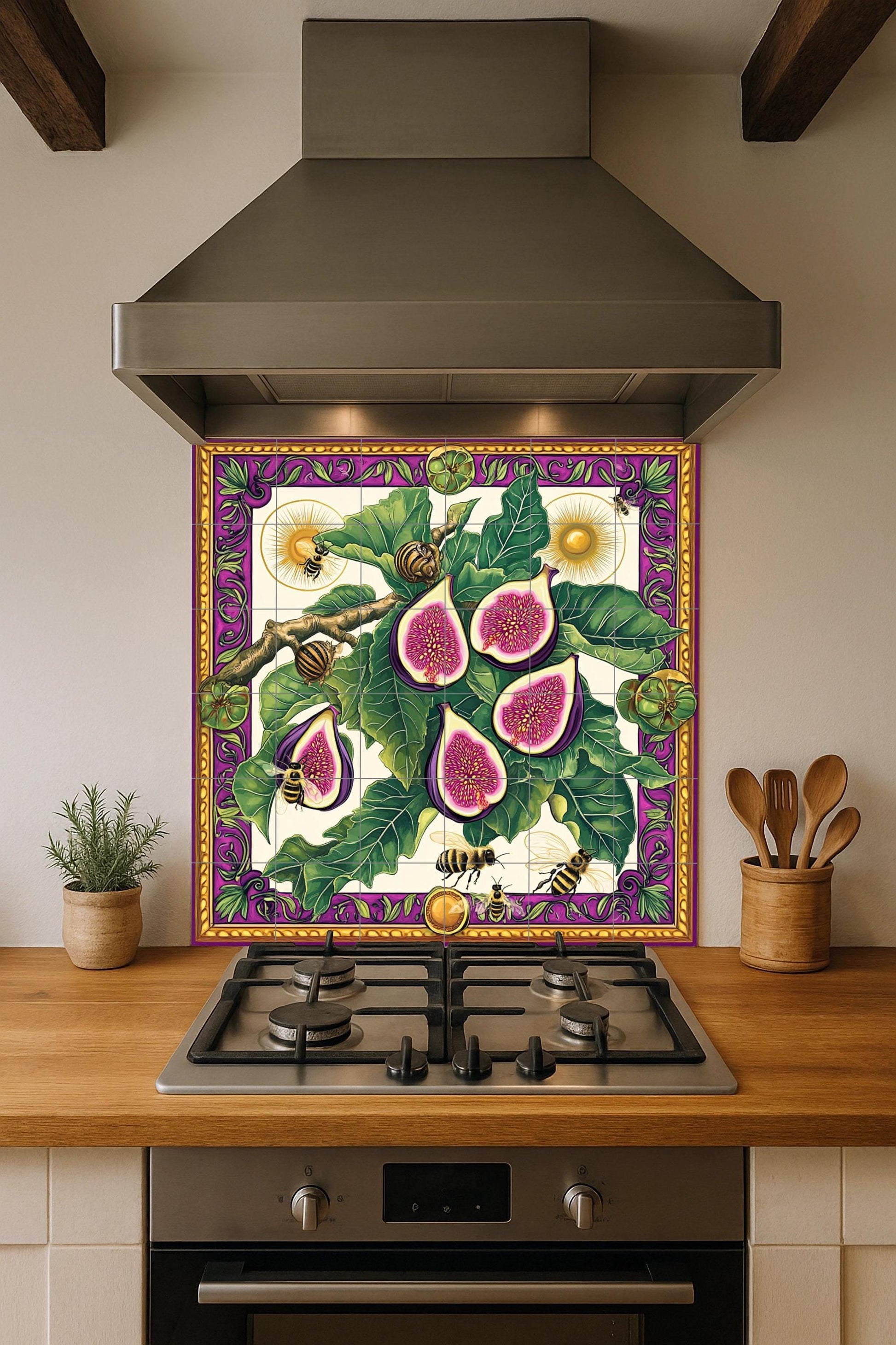 Higos, hojas, abejas y caracoles, diseño · Murale Ceramico — Decoro Culinario