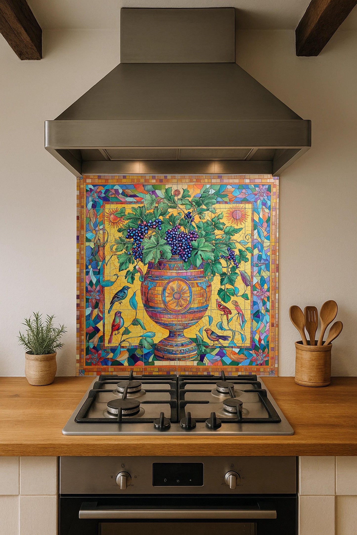 Mosaicos cerámicos romanos con urna de vid e imágenes de viñedos báq · Keramik-Wandbild — Küchen- & Landszene