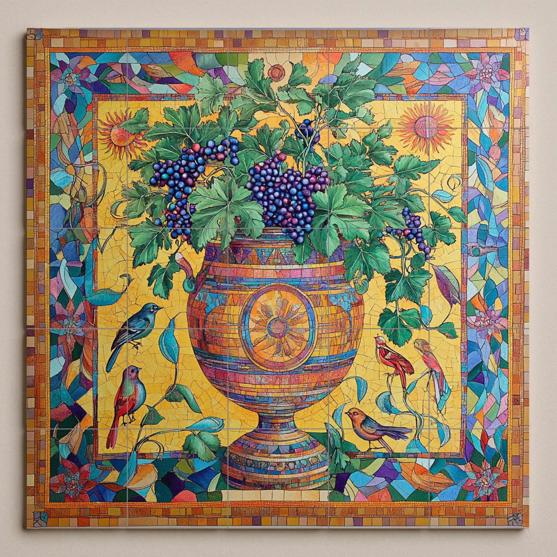 Mosaicos cerámicos romanos con urna de vid e imágenes de viñedos báq · Keramik-Wandbild — Küchen- & Landszene