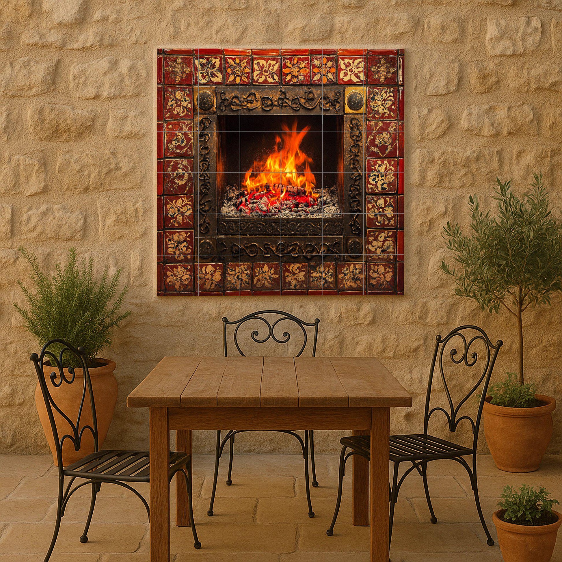 Chimenea encendida y llamas brillantes, bor · Keramik-Wandbild — Volkskunst-Dekor