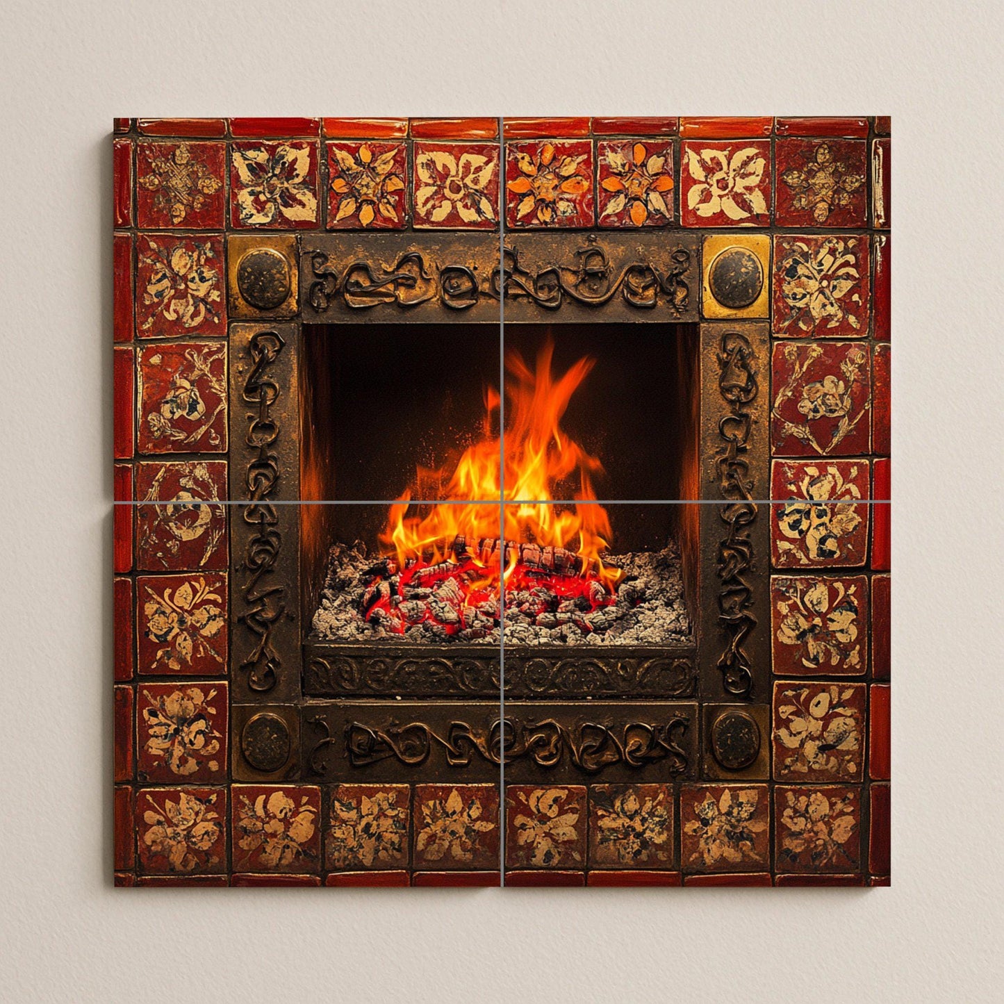 Chimenea encendida y llamas brillantes, bor · Keramik-Wandbild — Volkskunst-Dekor