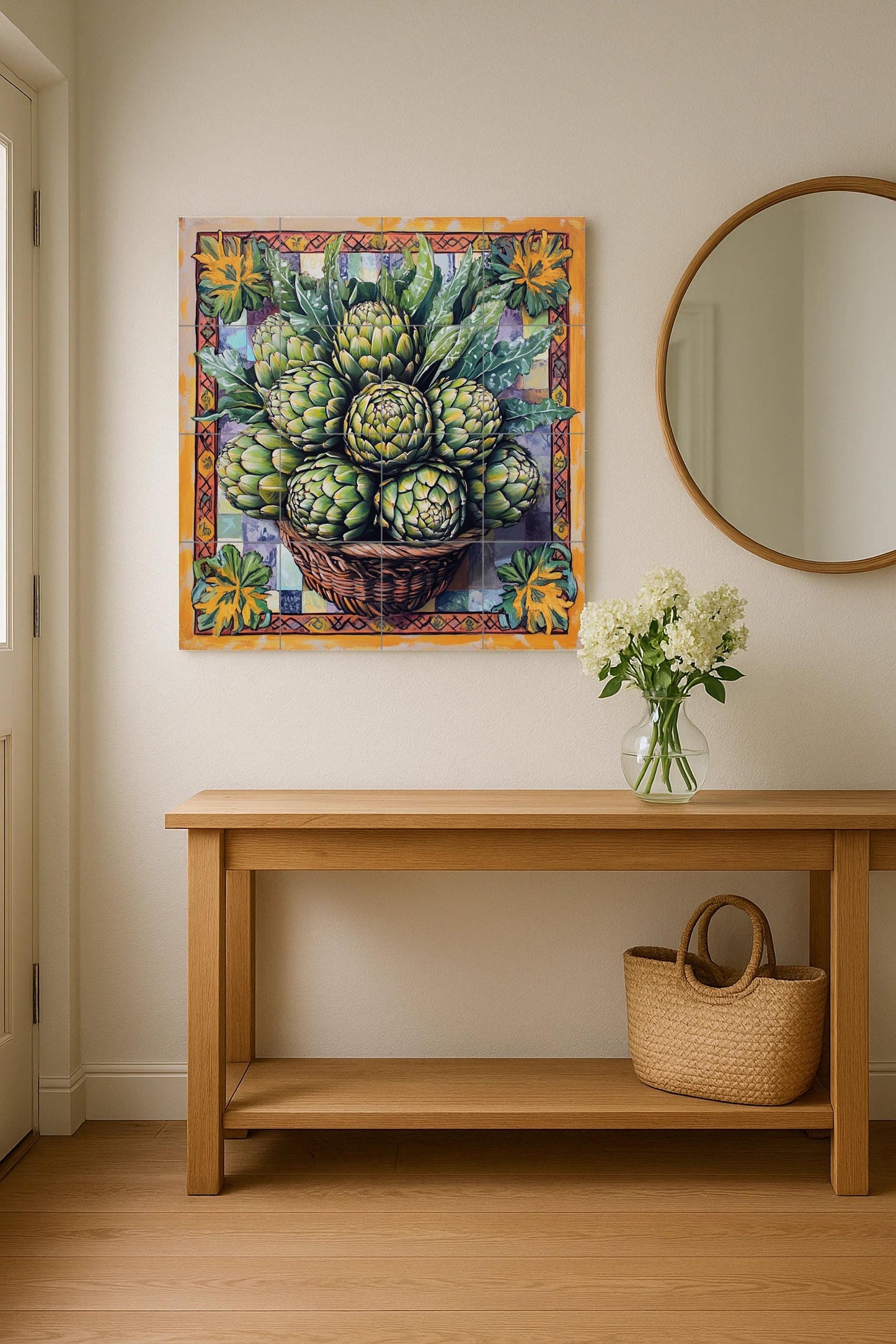 Fliesenbild Cesta de alcachofas frescas y panel decorat — Kulinarischer Wanddekor