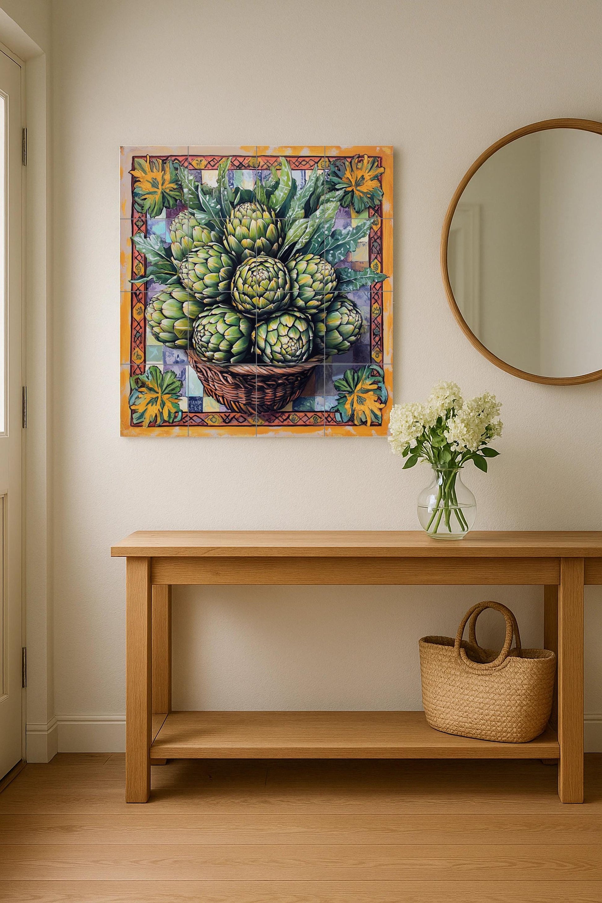 Fliesenbild Cesta de alcachofas frescas y panel decorat — Kulinarischer Wanddekor