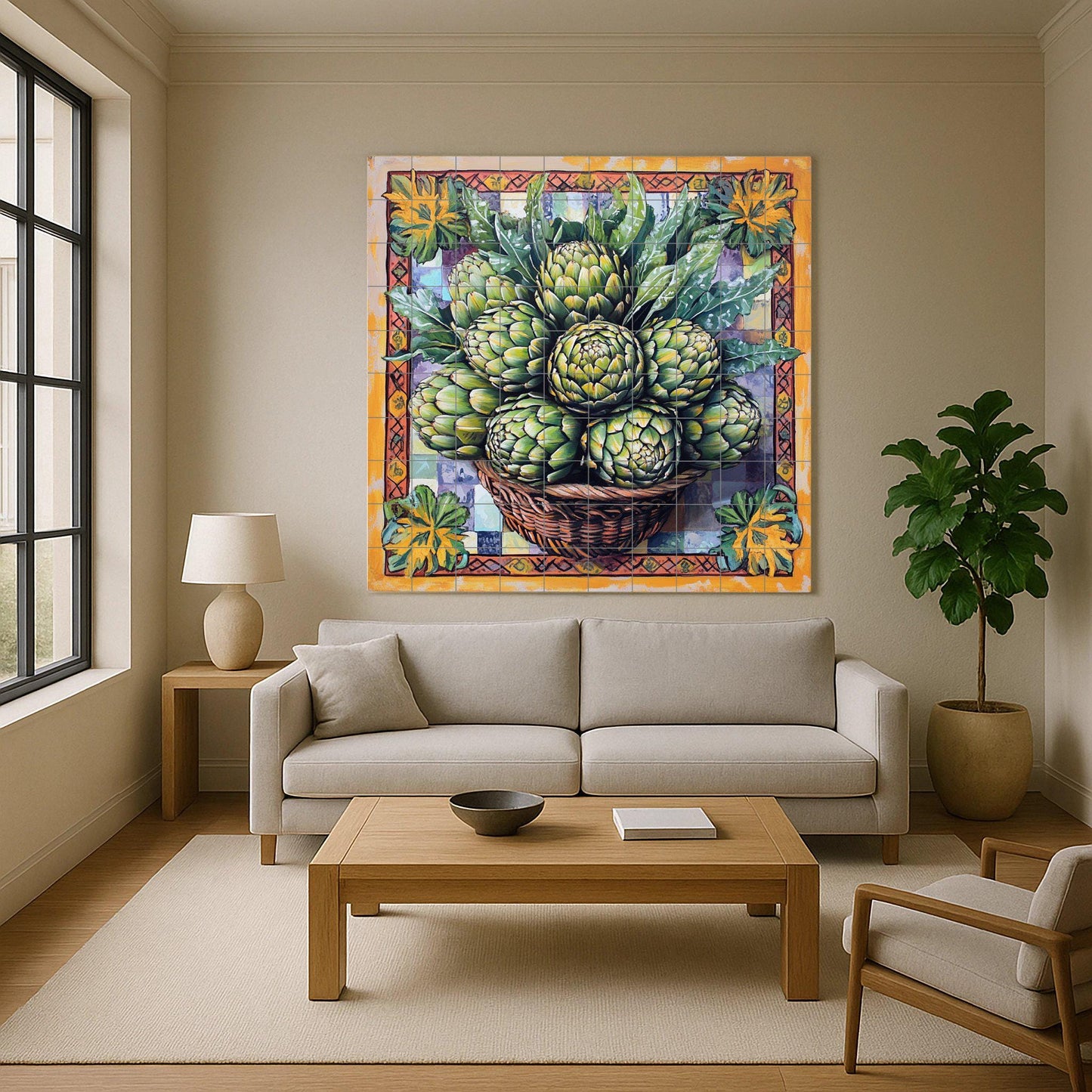 Fliesenbild Cesta de alcachofas frescas y panel decorat — Kulinarischer Wanddekor