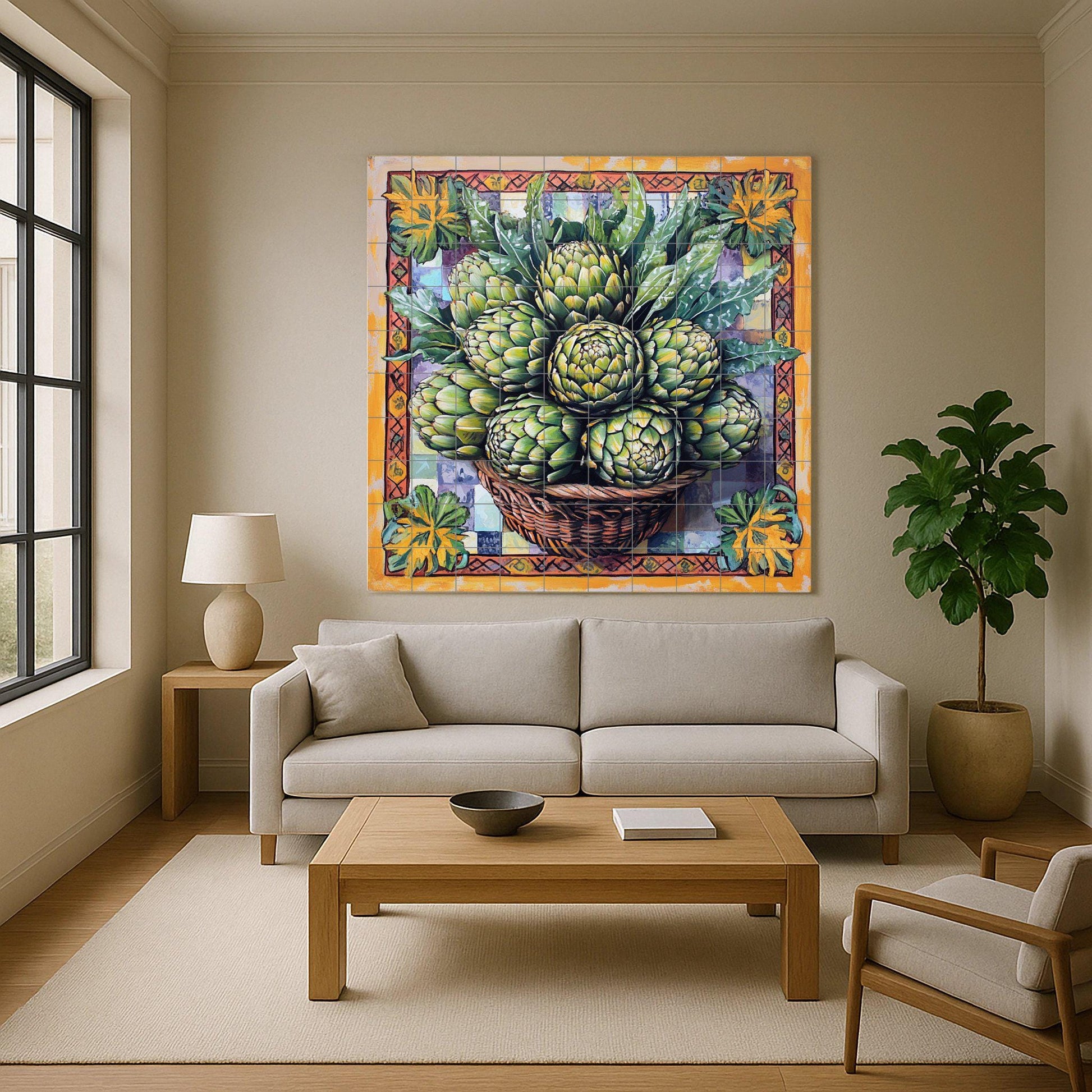 Fliesenbild Cesta de alcachofas frescas y panel decorat — Kulinarischer Wanddekor