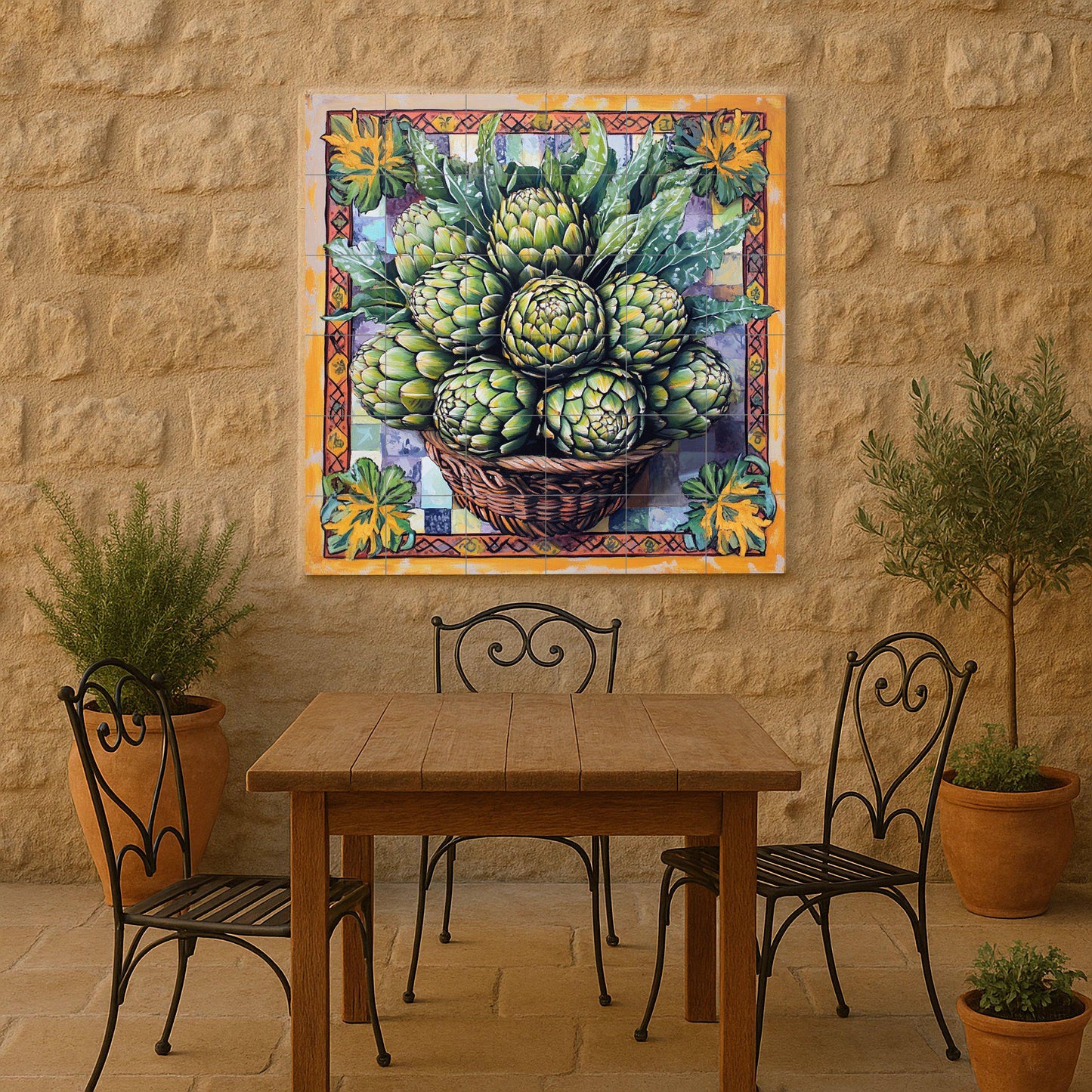 Fliesenbild Cesta de alcachofas frescas y panel decorat — Kulinarischer Wanddekor