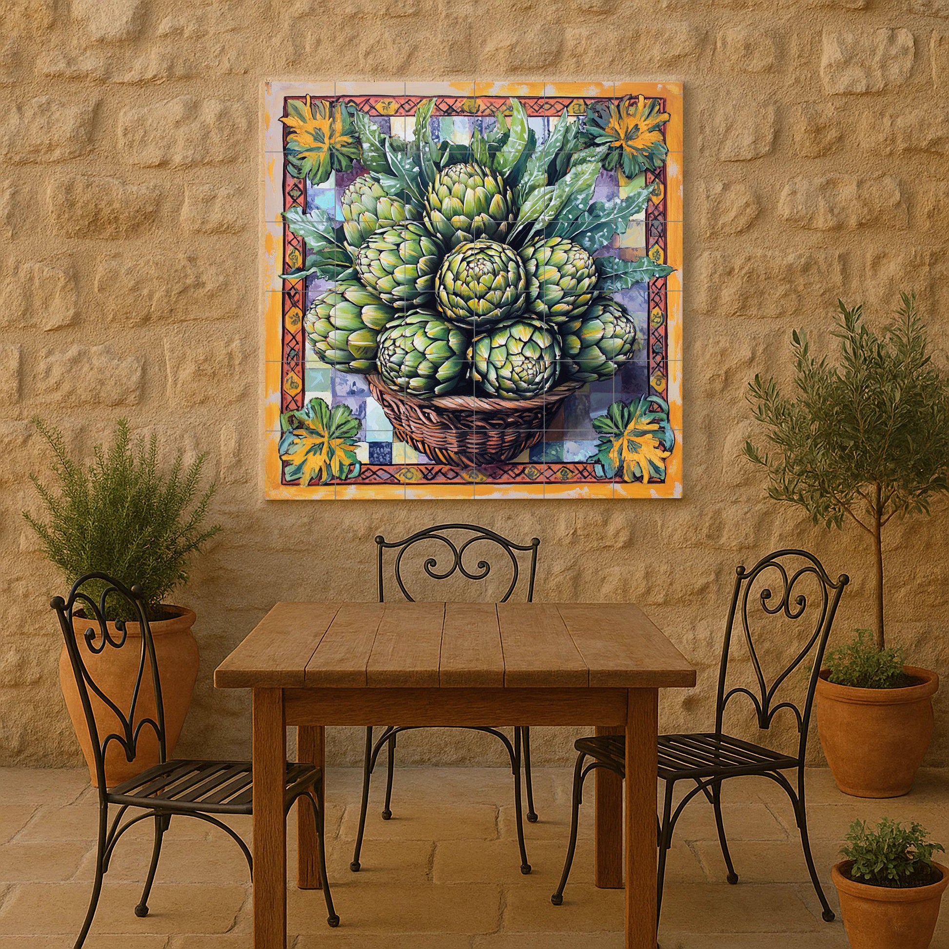 Fliesenbild Cesta de alcachofas frescas y panel decorat — Kulinarischer Wanddekor