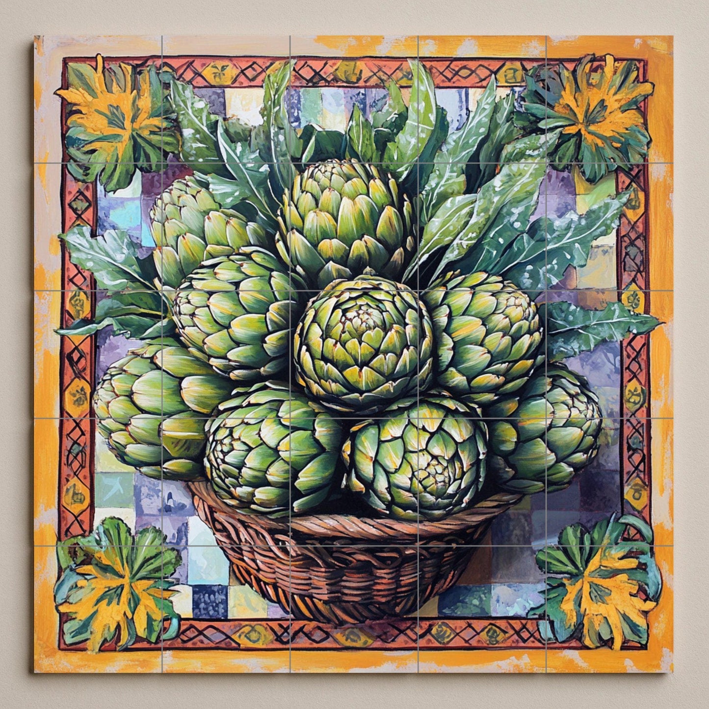 Fliesenbild Cesta de alcachofas frescas y panel decorat — Kulinarischer Wanddekor