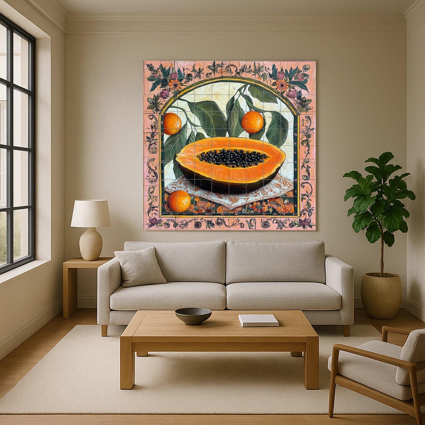 Botánicos coloniales con papaya y frutas cítricas · Fresque Céramique — Art Mural Nature
