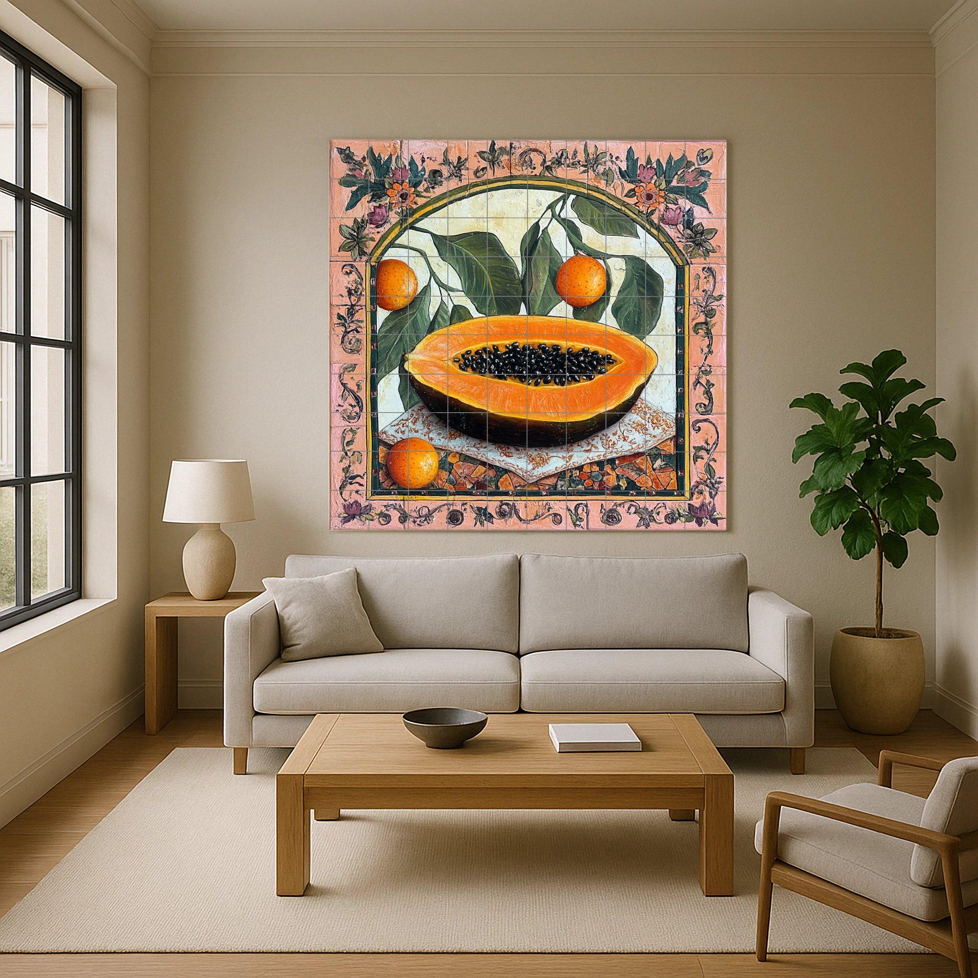 Botánicos coloniales con papaya y frutas cítricas · Fresque Céramique — Art Mural Nature