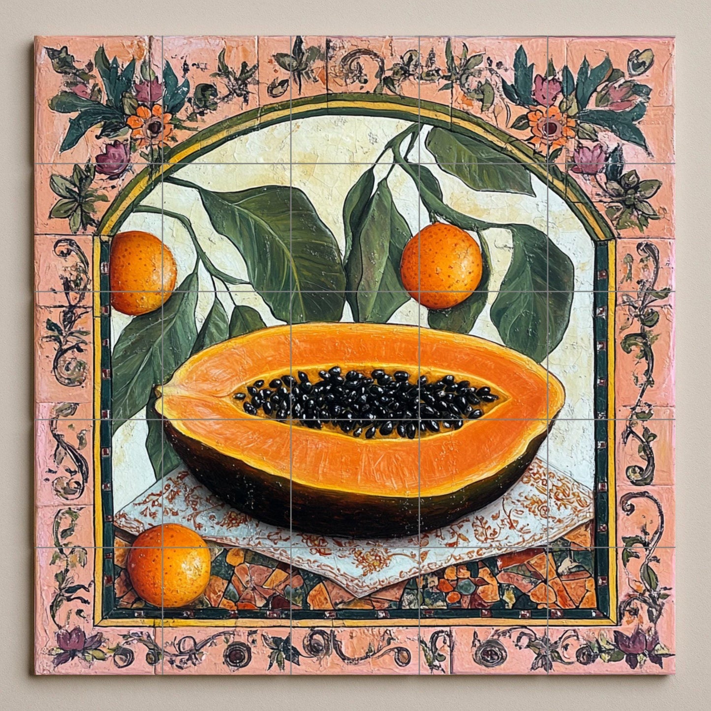 Botánicos coloniales con papaya y frutas cítricas · Fresque Céramique — Art Mural Nature