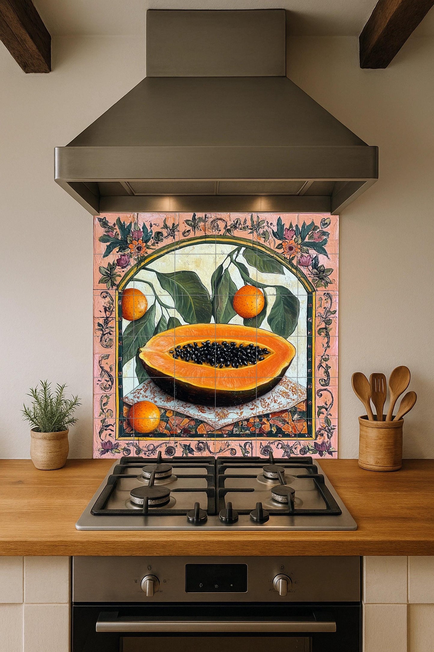 Botánicos coloniales con papaya y frutas cítricas · Fresque Céramique — Art Mural Nature