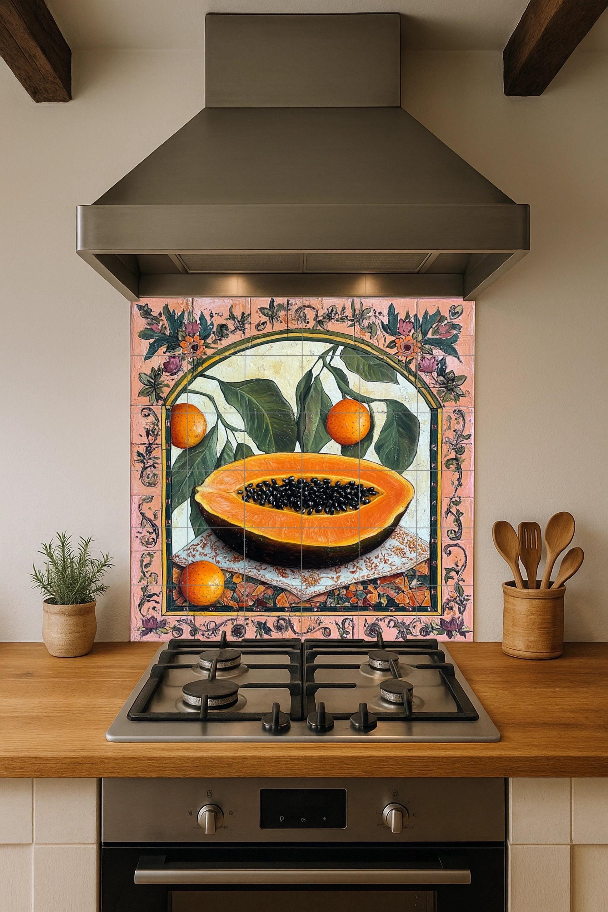 Botánicos coloniales con papaya y frutas cítricas · Fresque Céramique — Art Mural Nature