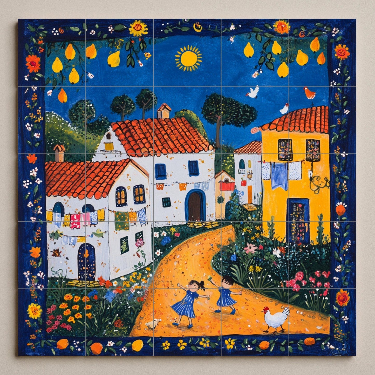 Cerámica de arte naif portugués con casas con techo de terracota — Countryside Kitchen Art · Tile Wall Art