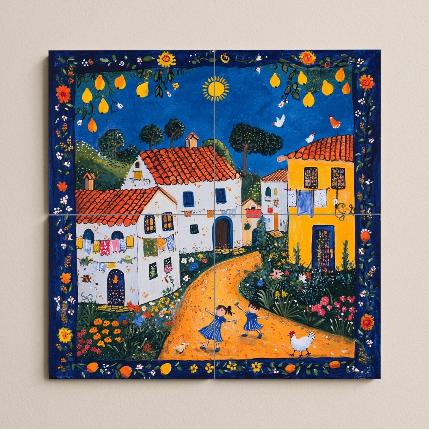 Cerámica de arte naif portugués con casas con techo de terracota — Countryside Kitchen Art · Tile Wall Art