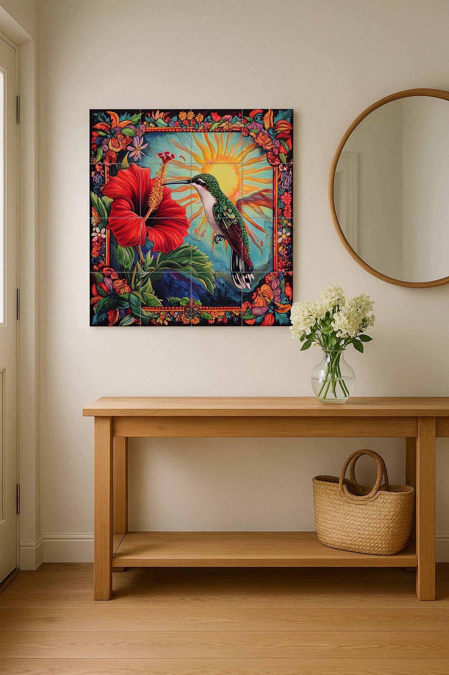 Murale in Piastrelle Colibrí caribeño con flor de hibisco, sol radia — Decoro Giardino e Natura