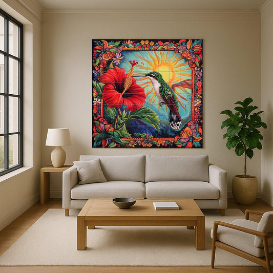 Colibrí caribeño con flor de hibisco, sol radia · Ceramic Wall Mural — Flowers & Landscape Art