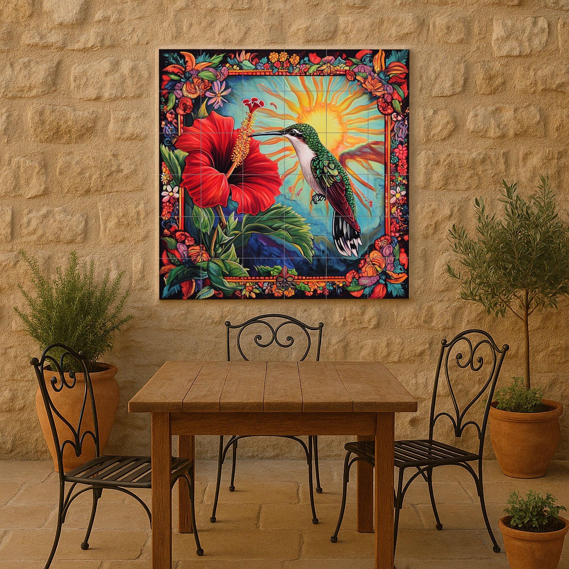 Murale in Piastrelle Colibrí caribeño con flor de hibisco, sol radia — Decoro Giardino e Natura