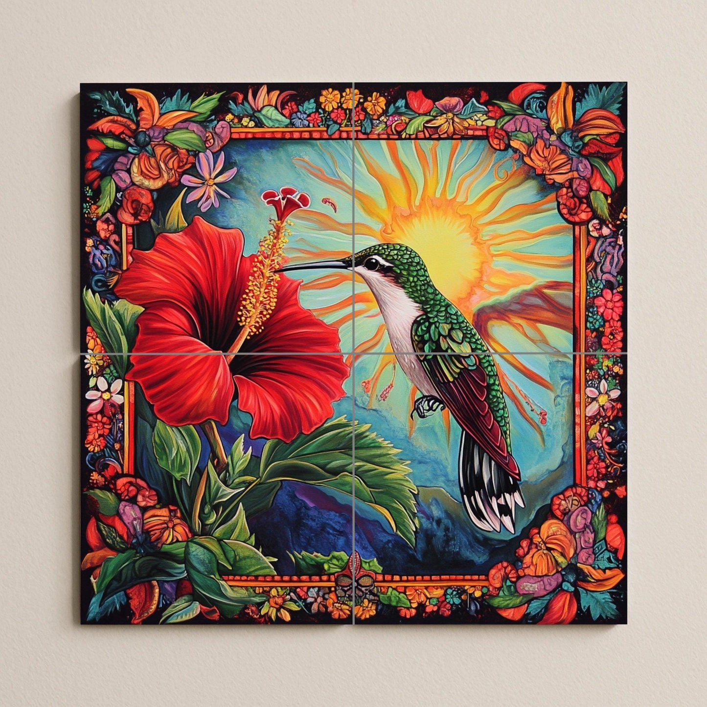 Murale in Piastrelle Colibrí caribeño con flor de hibisco, sol radia — Decoro Giardino e Natura