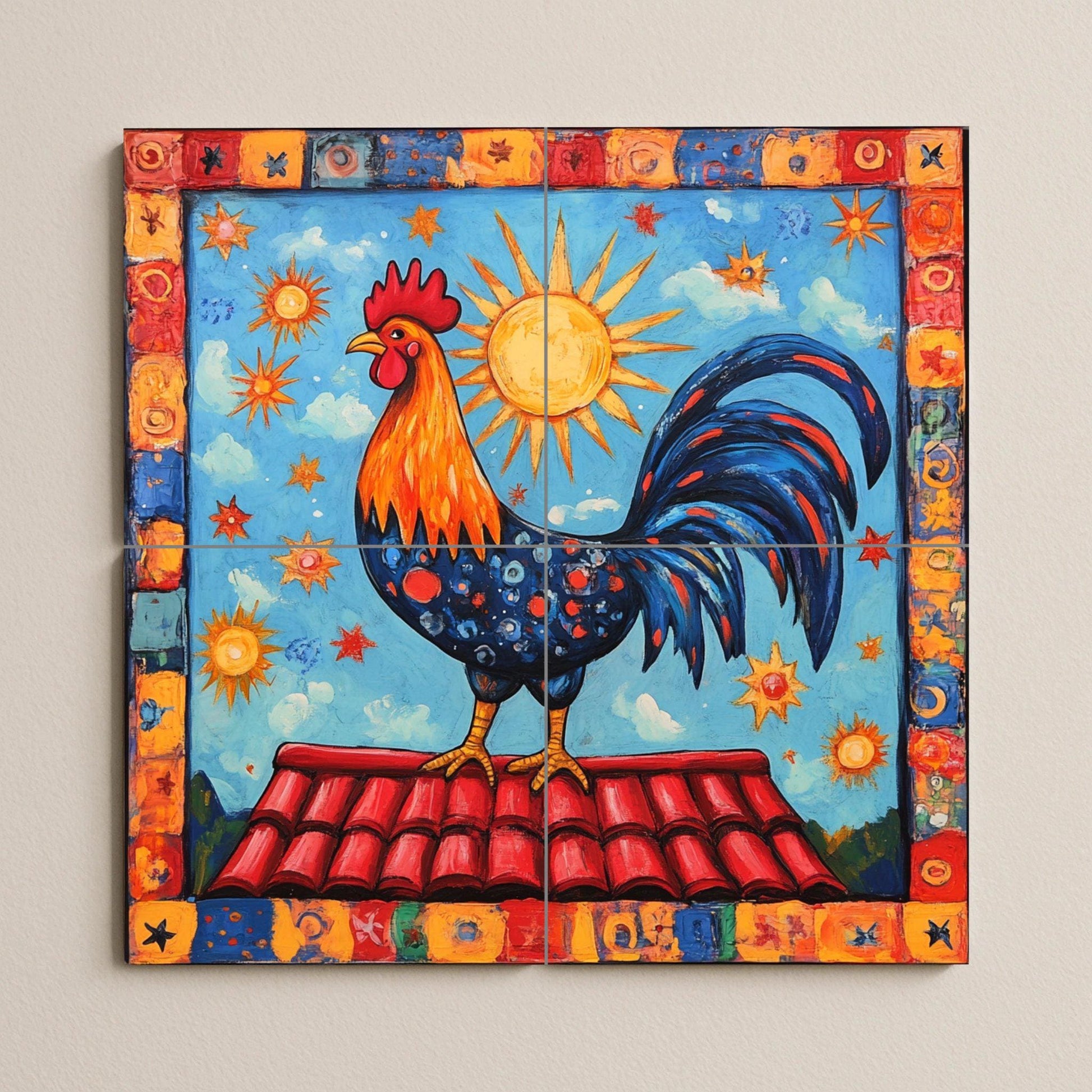 Gallo portugués con sol radiante, borde celest — Scène Mythologique, Art Mural en Céramique