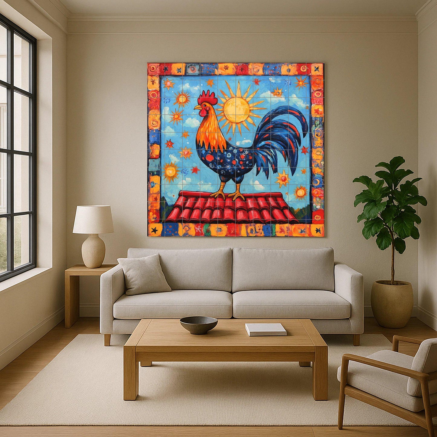 Gallo portugués con sol radiante, borde celest — Scène Mythologique, Art Mural en Céramique
