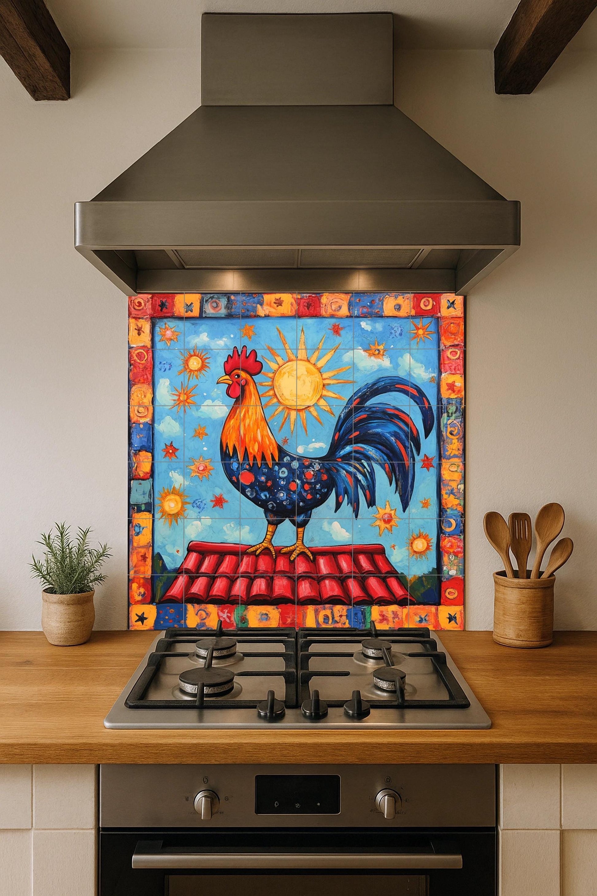 Gallo portugués con sol radiante, borde celest — Scène Mythologique, Art Mural en Céramique