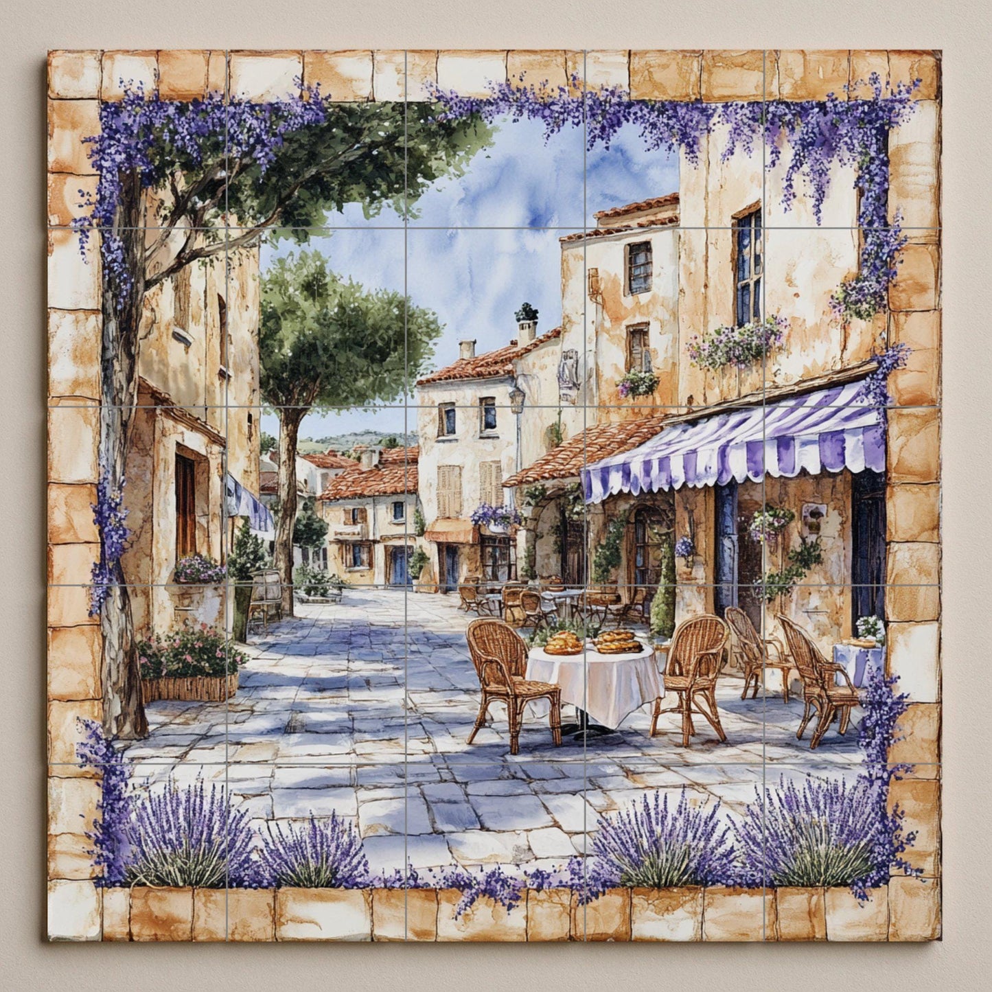 Mural de pared de cerámica de cafetería rústica francesa con sillas…