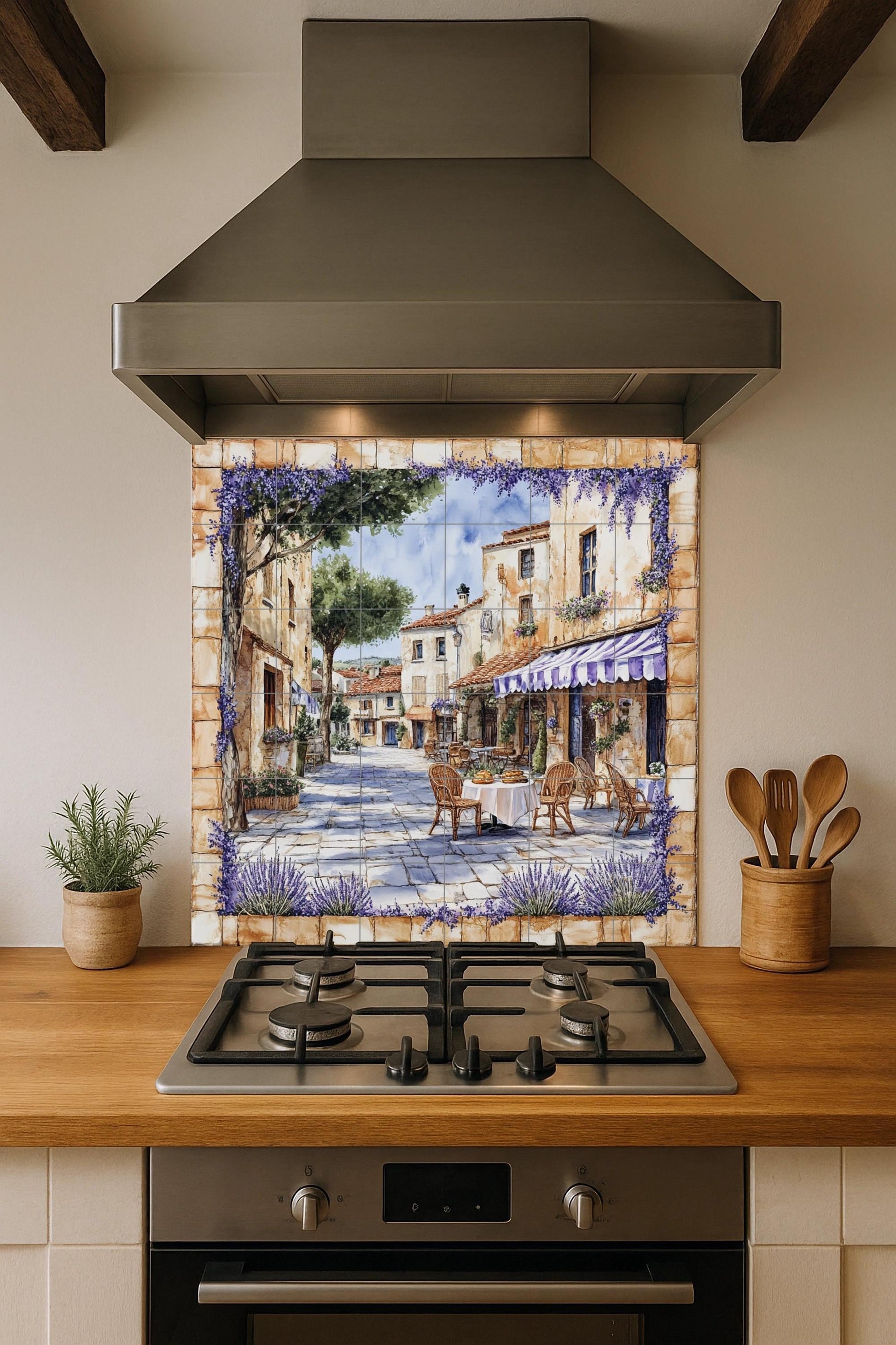Mural de pared de cerámica de cafetería rústica francesa con sillas…