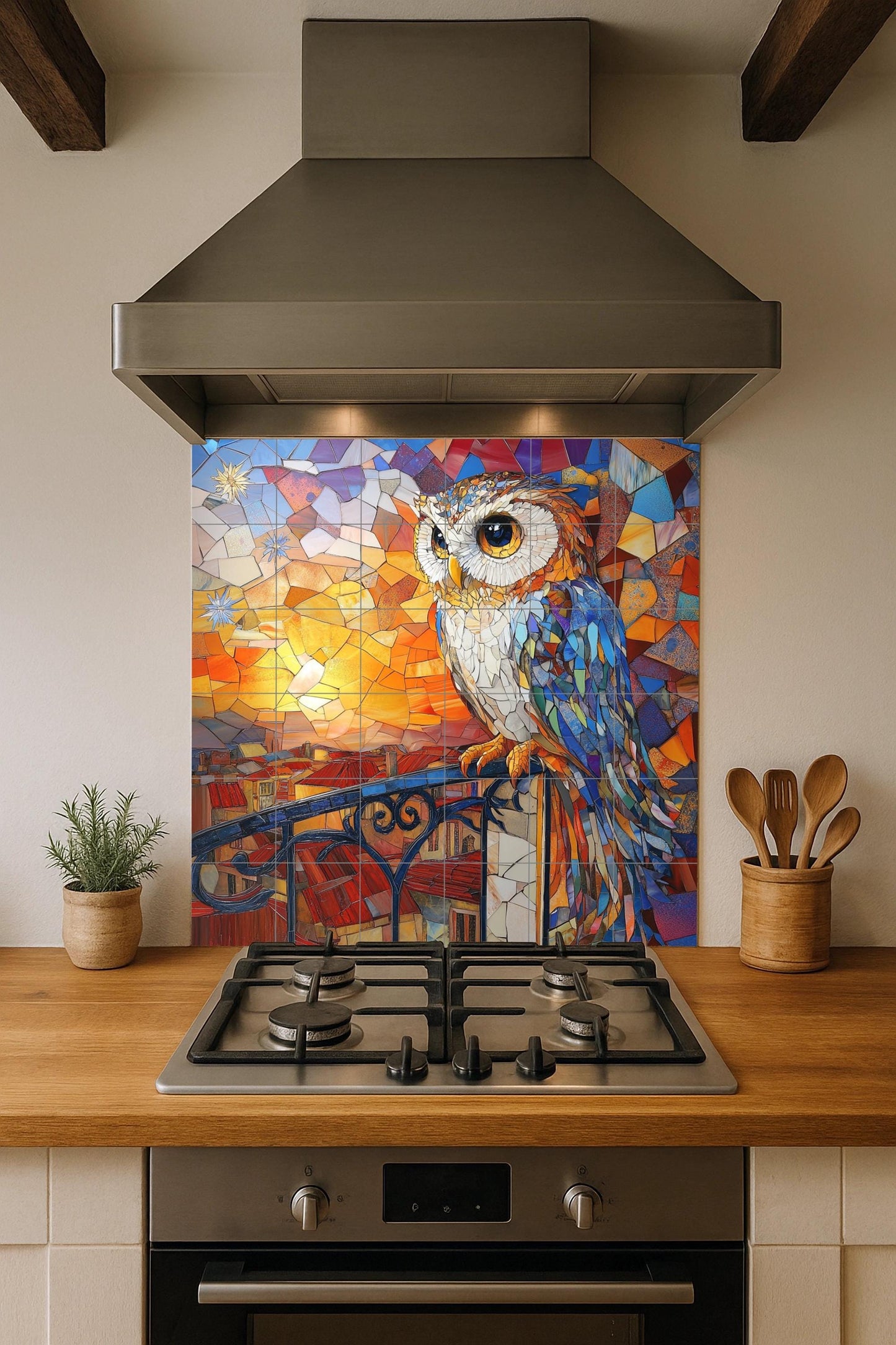 Diseño von Eule in Mosaik Jugendstil mit v · Keramik-Wandbild — Natur-Wandkunst