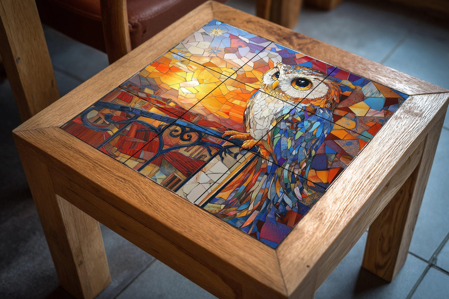 Diseño von Eule in Mosaik Jugendstil mit v · Keramik-Wandbild — Natur-Wandkunst