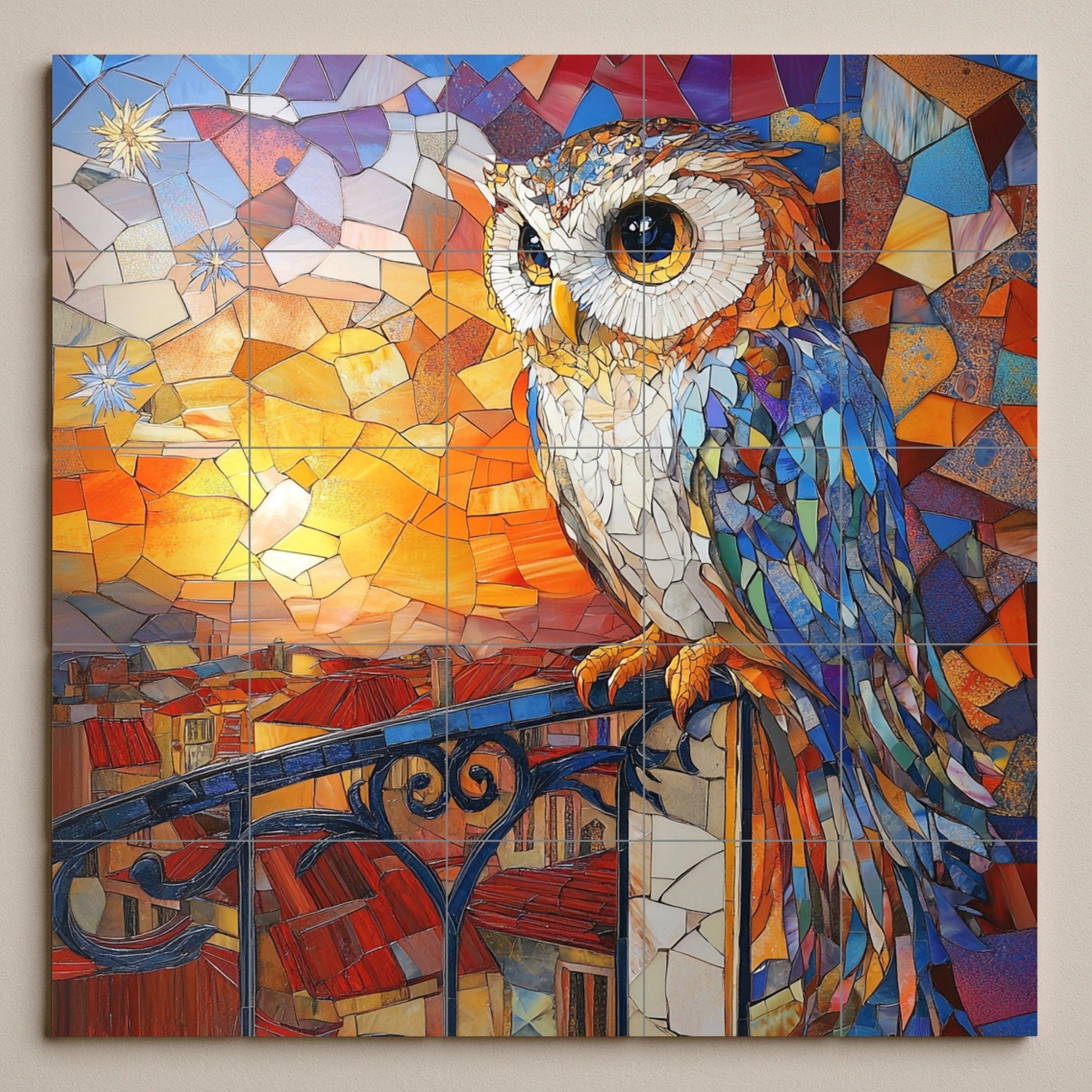 Diseño von Eule in Mosaik Jugendstil mit v · Keramik-Wandbild — Natur-Wandkunst