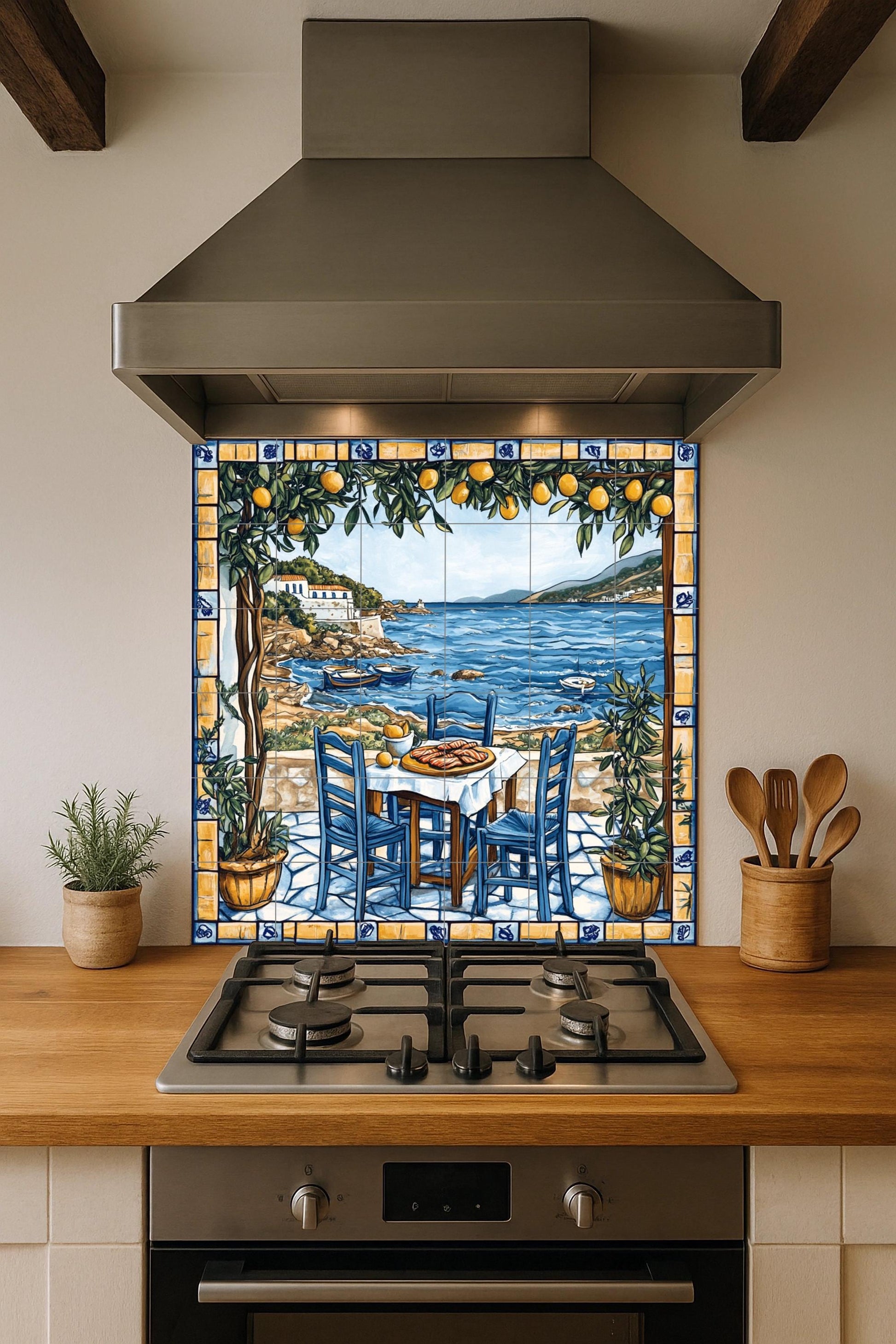 Fresque en Carrelage Una taberna de una isla griega con sillas azul — Art Rustique de Ferme