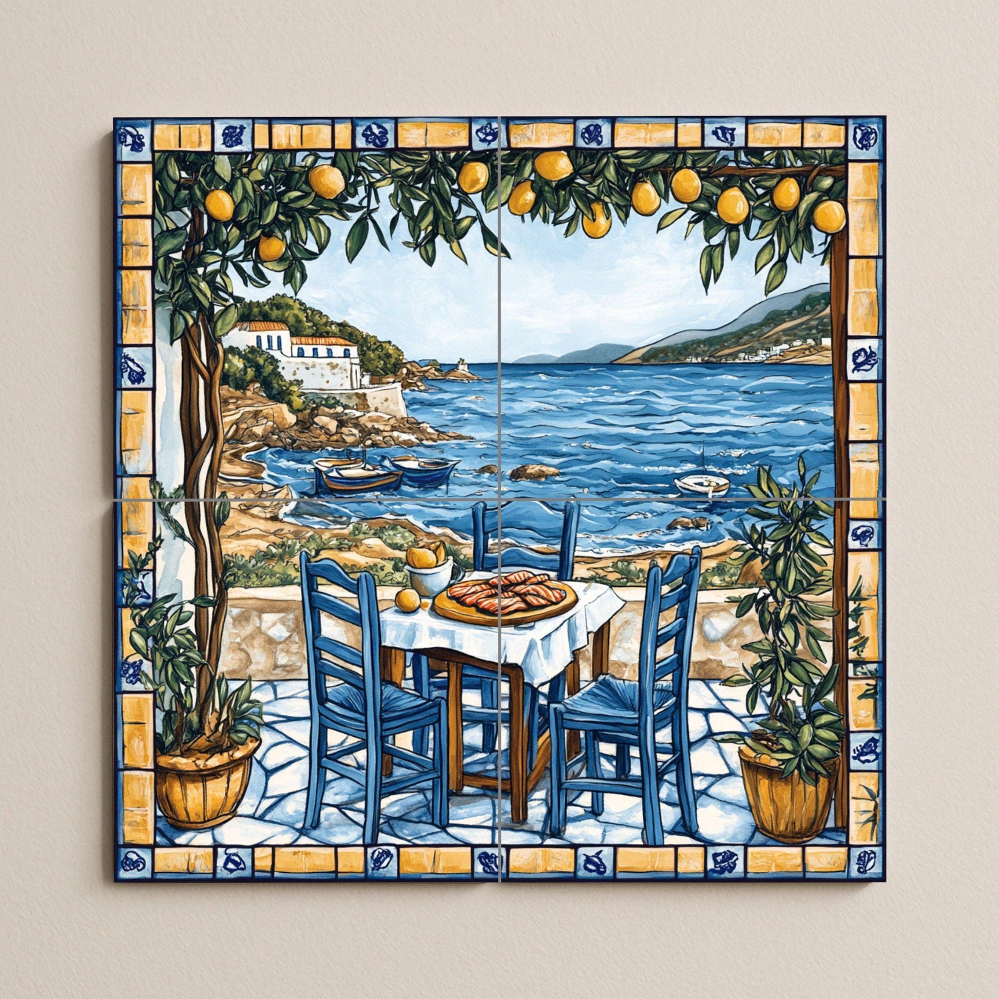 Fresque en Carrelage Una taberna de una isla griega con sillas azul — Art Rustique de Ferme