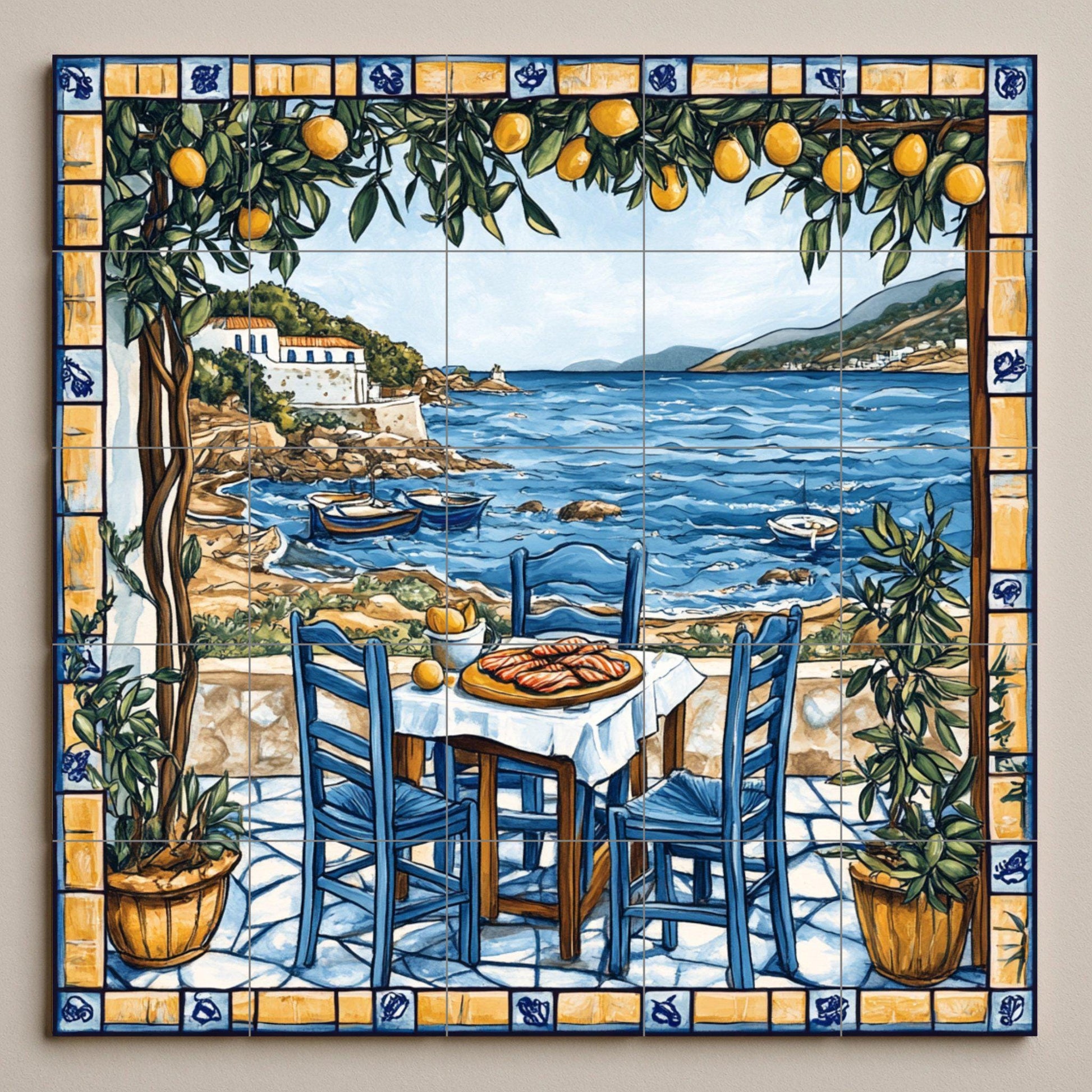 Fresque en Carrelage Una taberna de una isla griega con sillas azul — Art Rustique de Ferme