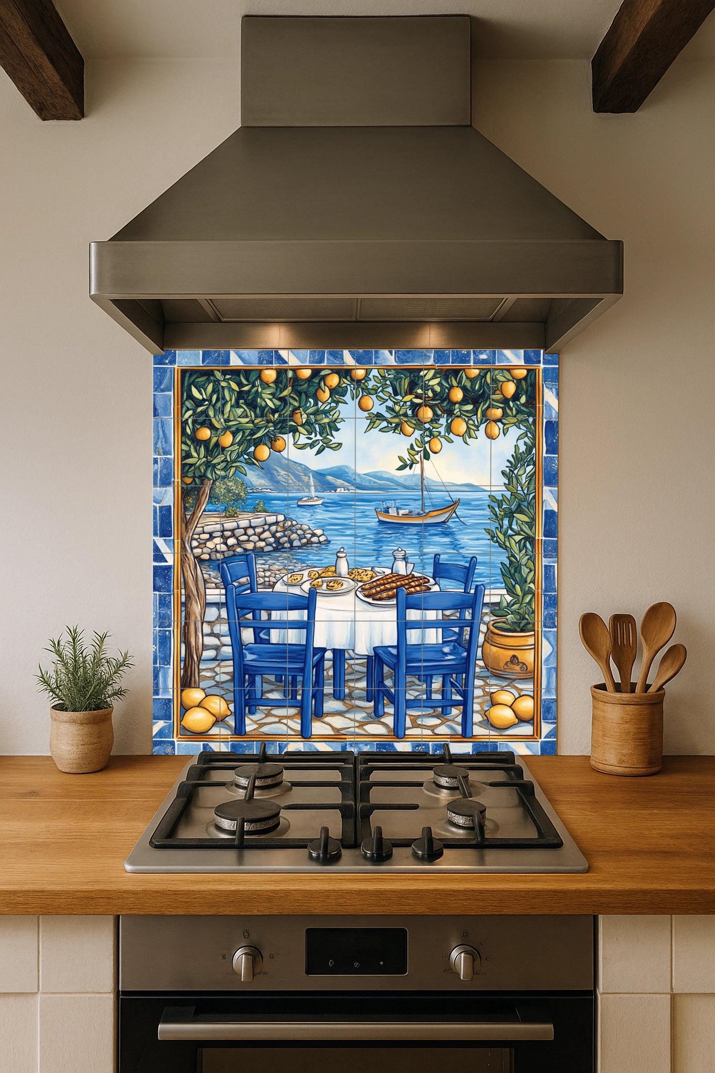 Mural de azulejos de cerámica de limoneros de Amalfi con mesa de…