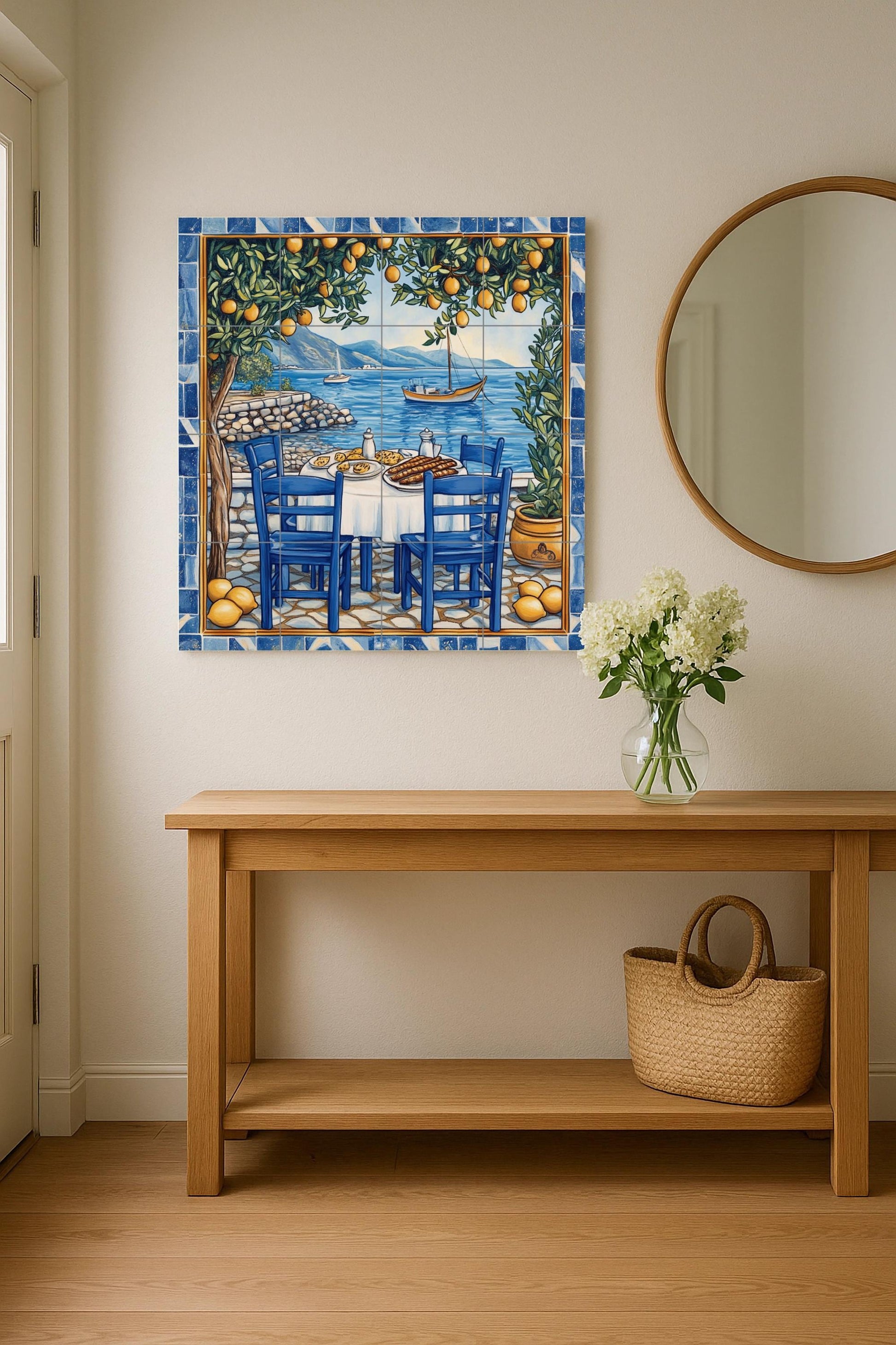 Mural de azulejos de cerámica de limoneros de Amalfi con mesa de…
