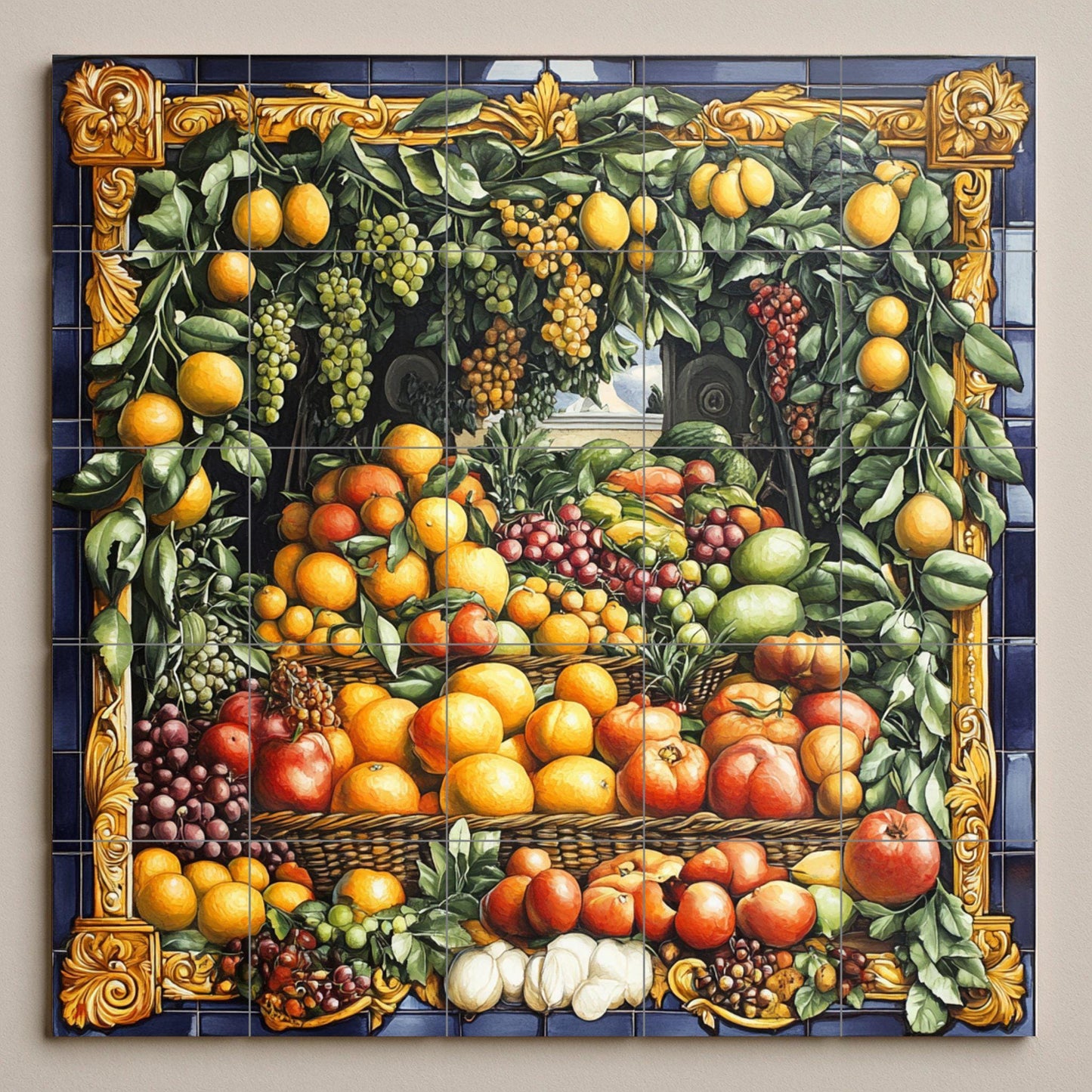 Guirnalda de frutas barrocas napolitanas · Ceramic Wall Mural — Rustic Farmhouse Art