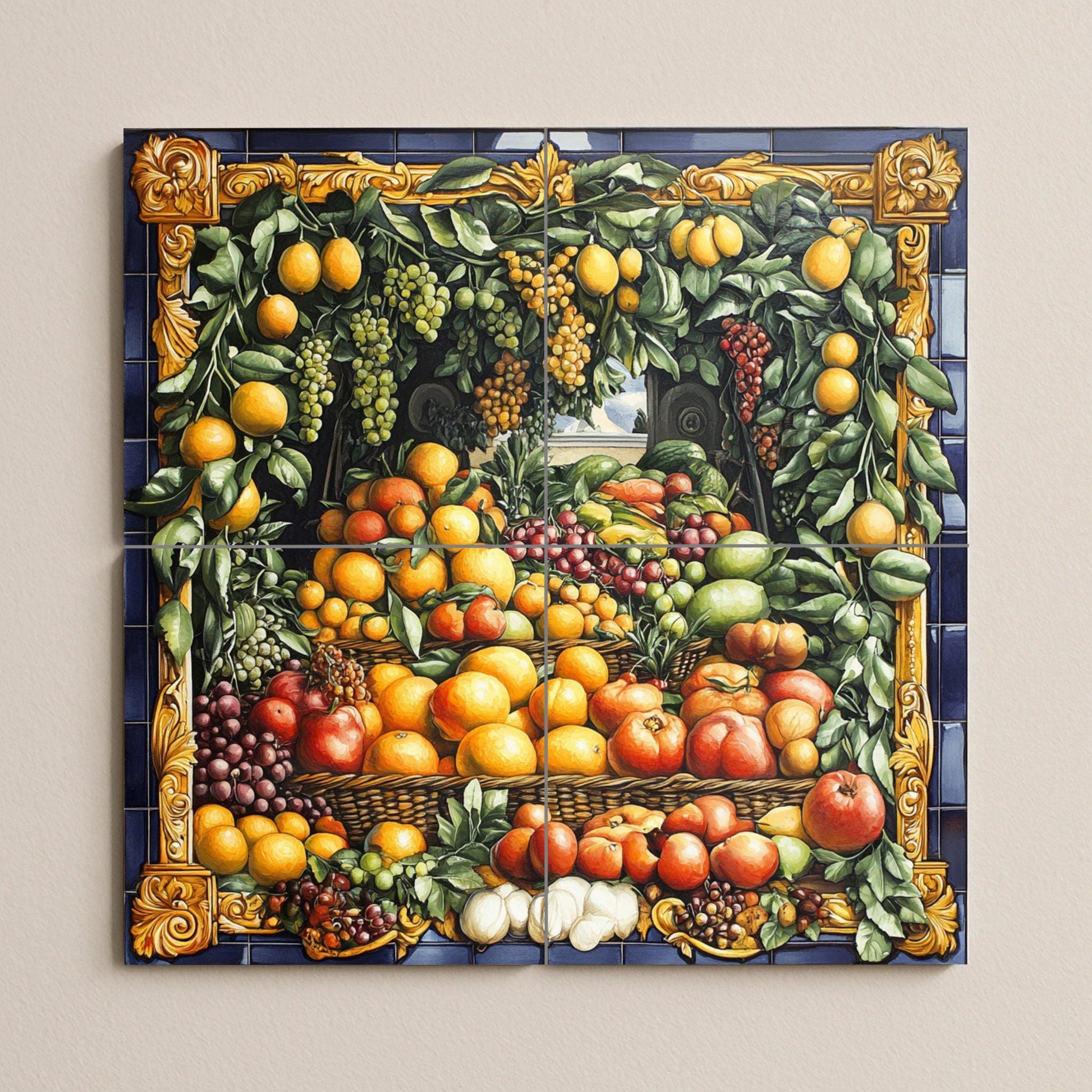 Guirnalda de frutas barrocas napolitanas · Ceramic Wall Mural — Rustic Farmhouse Art