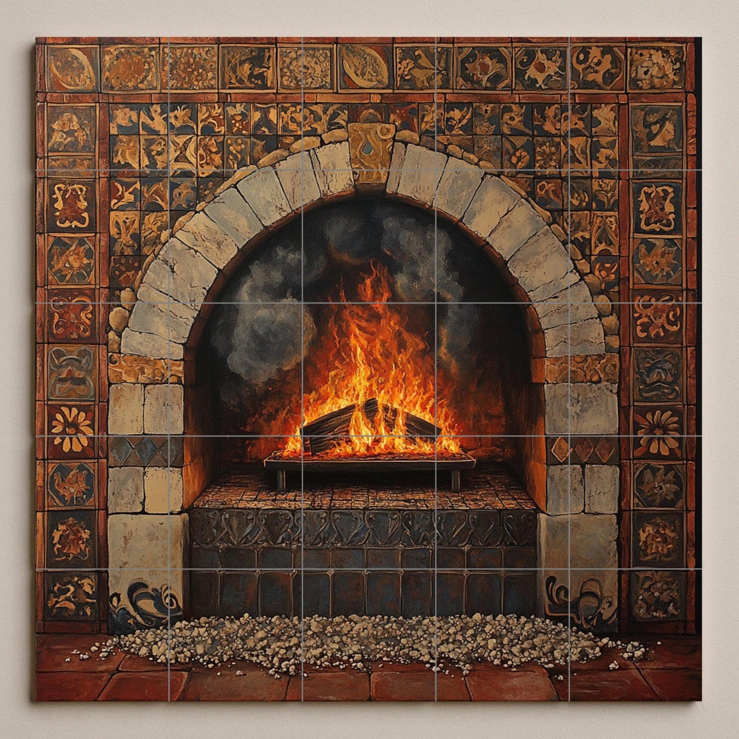 Chimenea Rustica e Arco di Pietra Toscana · Murale Ceramico — Arte Naturale da Parete