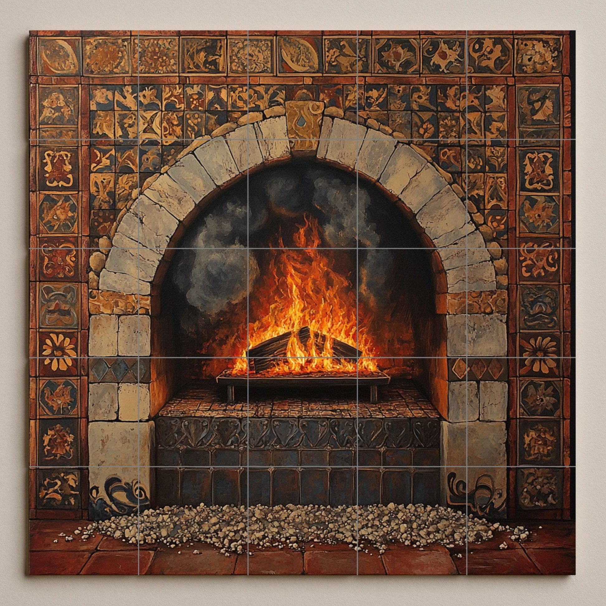 Chimenea Rustica e Arco di Pietra Toscana · Murale Ceramico — Arte Naturale da Parete